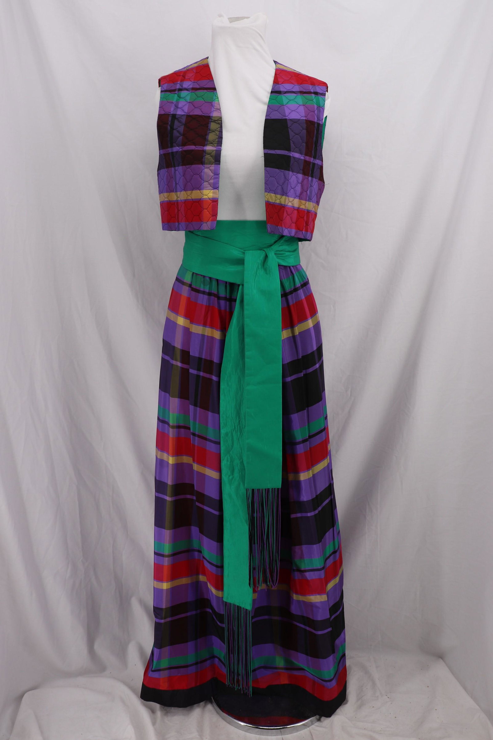 Vintage 1980's ELENOR BRENNER Taffeta 2 Piece Maxi: Quilted plaid vest, maxi skirt with box pleat, green tassel tie belt, Approx.; 34 bust, 27 waist, Good condition, couple of stains (see photos).