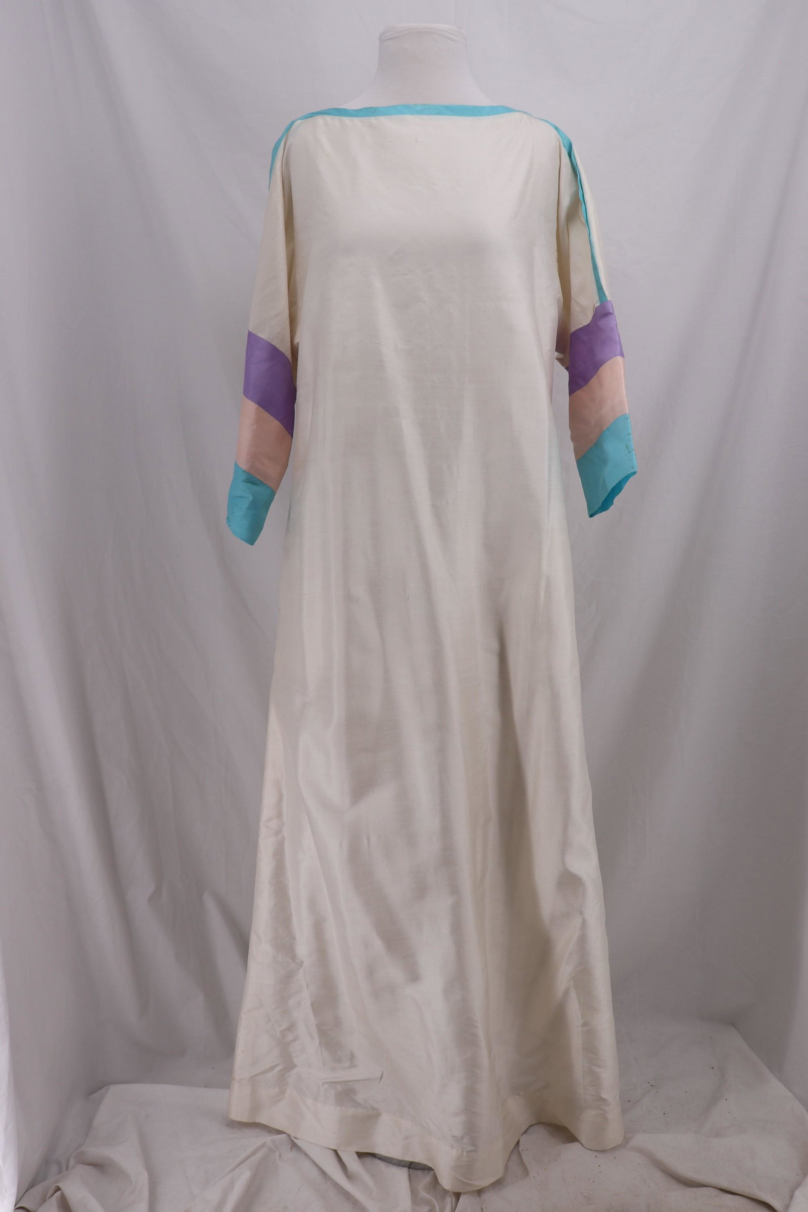 Vintage 1980 CHOISY Silk Color Block Moo: Short color block sleeves, Sabrina collar, back zipper, approx.; 42 bust, 44 waist, Good condition.