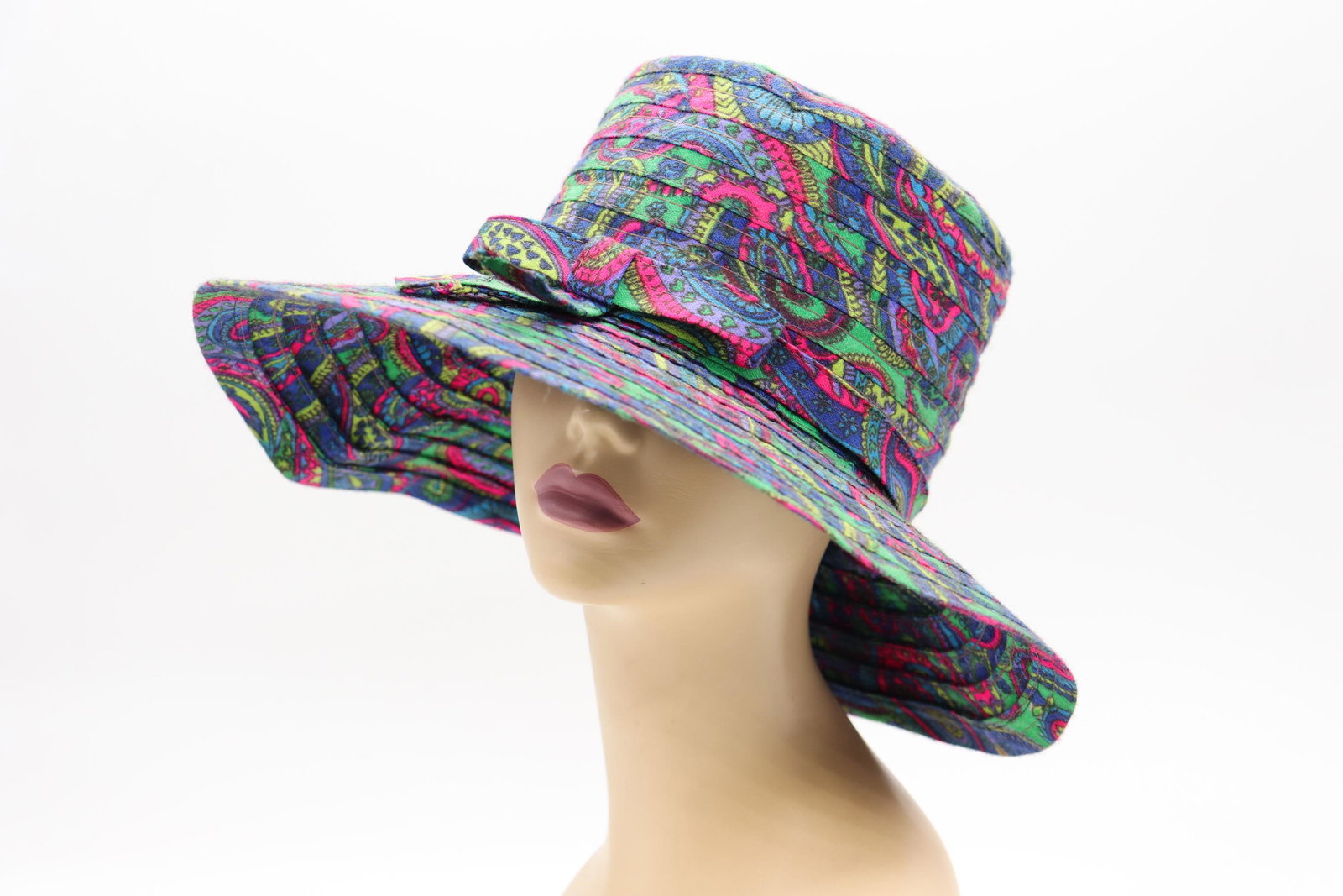 Vintage 1970's Paisley Print Cotton Wide Brim Hat: funky print bright colors, bow in front, pleated swirl design, good condition