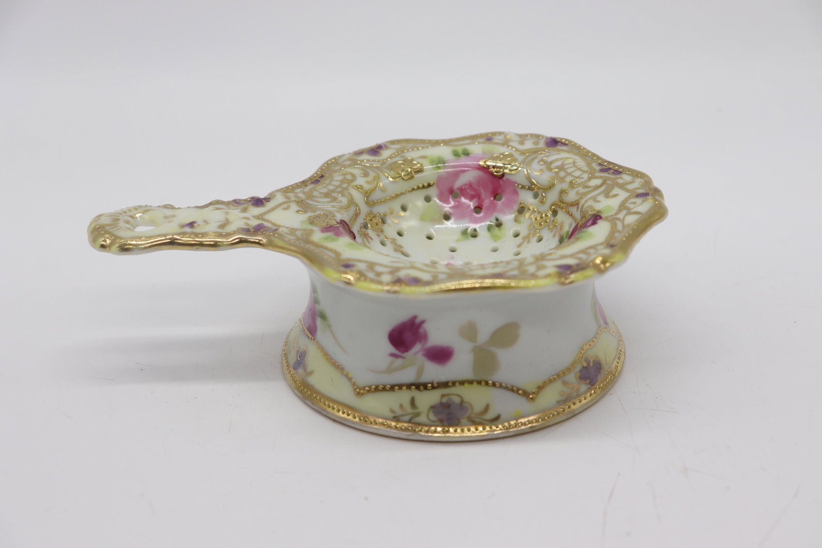 Vintage Hand Painted Nippon Tea Strainer: 2 piece with cold trim