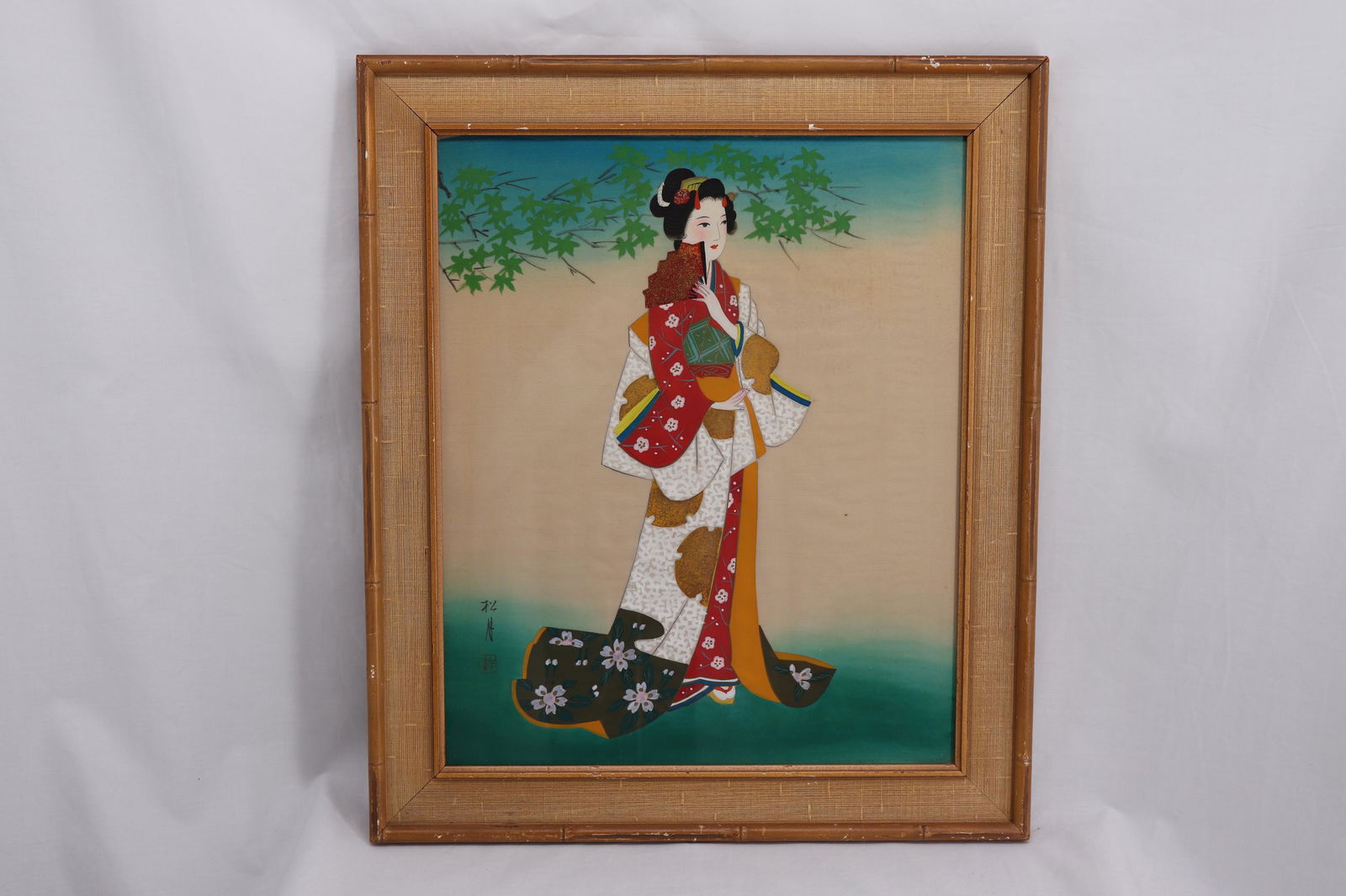 Vintage Japanese Painting on silk, Signed & Red Stamp (1 of 5)