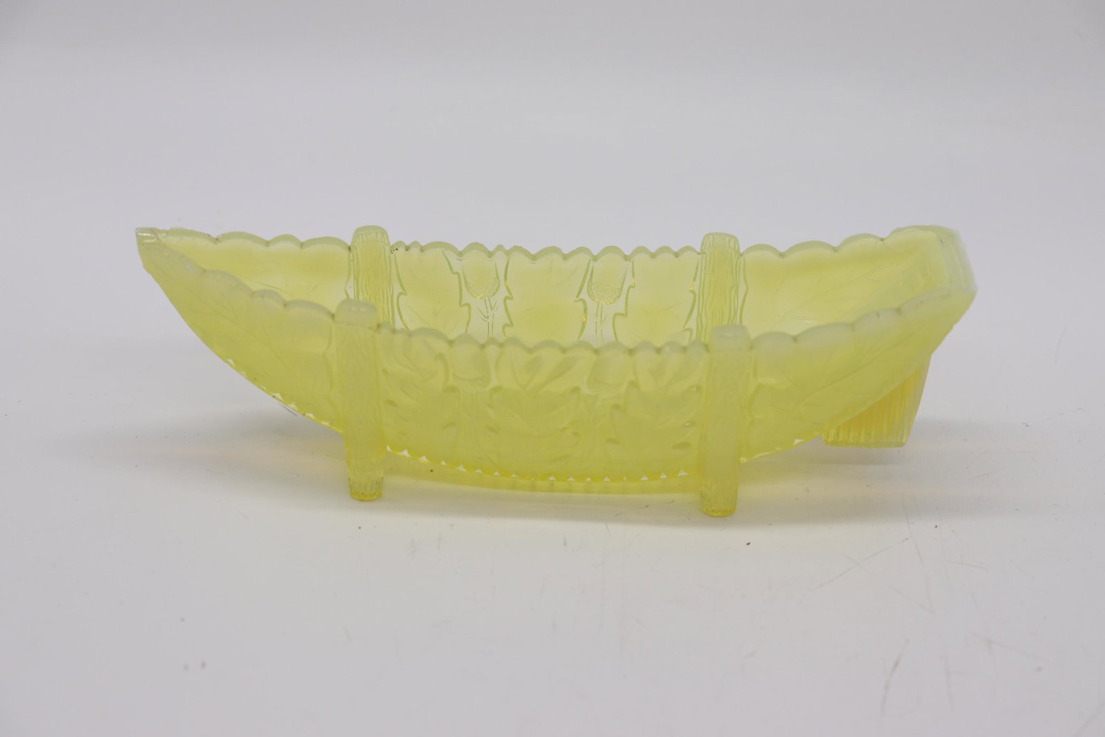 Burtles & Tate Vaseline Opalescent Glass Flower Boat,: good condition, approx. 7 inches long
