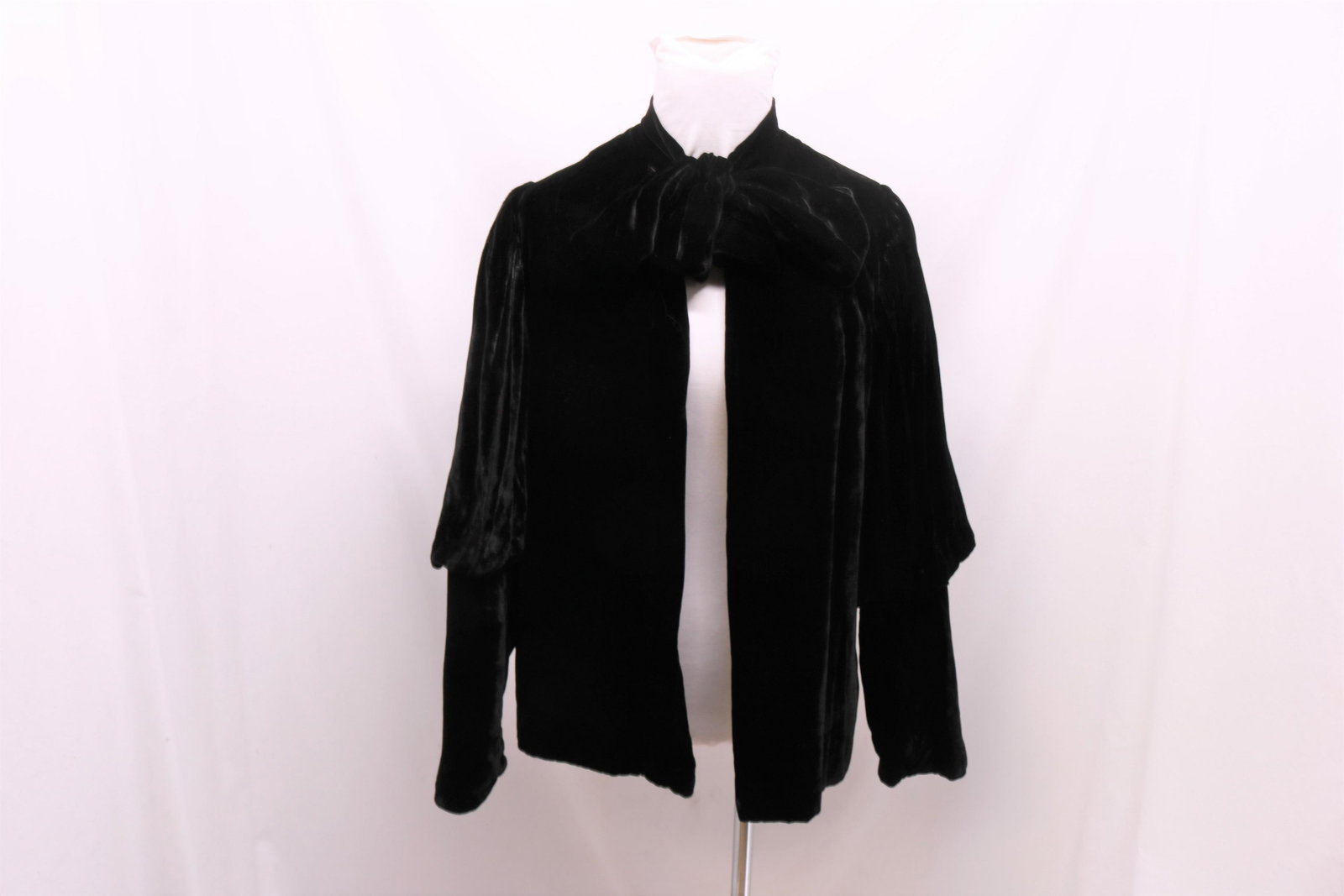 Vintage 1930's Black Velvet Opera Jacket, Hochschild,: nice gathered Mutton Sleeves, ties at neck, satin lined, needs small seam repair at bow, slight flaws, good condition, approx. 36 bust, 34 waist