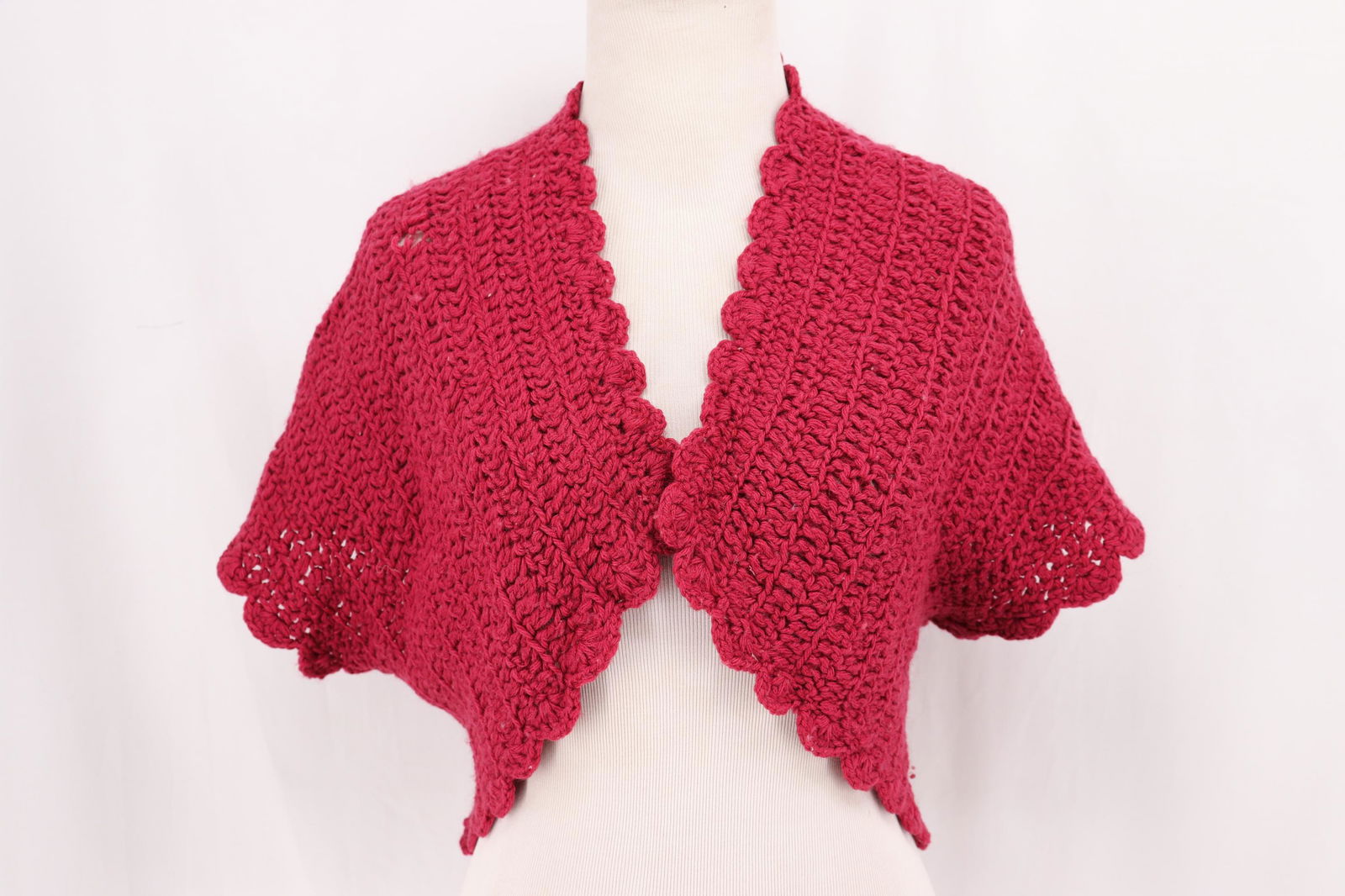 Vintage Edwardian Red Knit Crop Top Sweater: hand knit raspberry color crop top sweater, clutch front, needs repair, approx. 34 bust