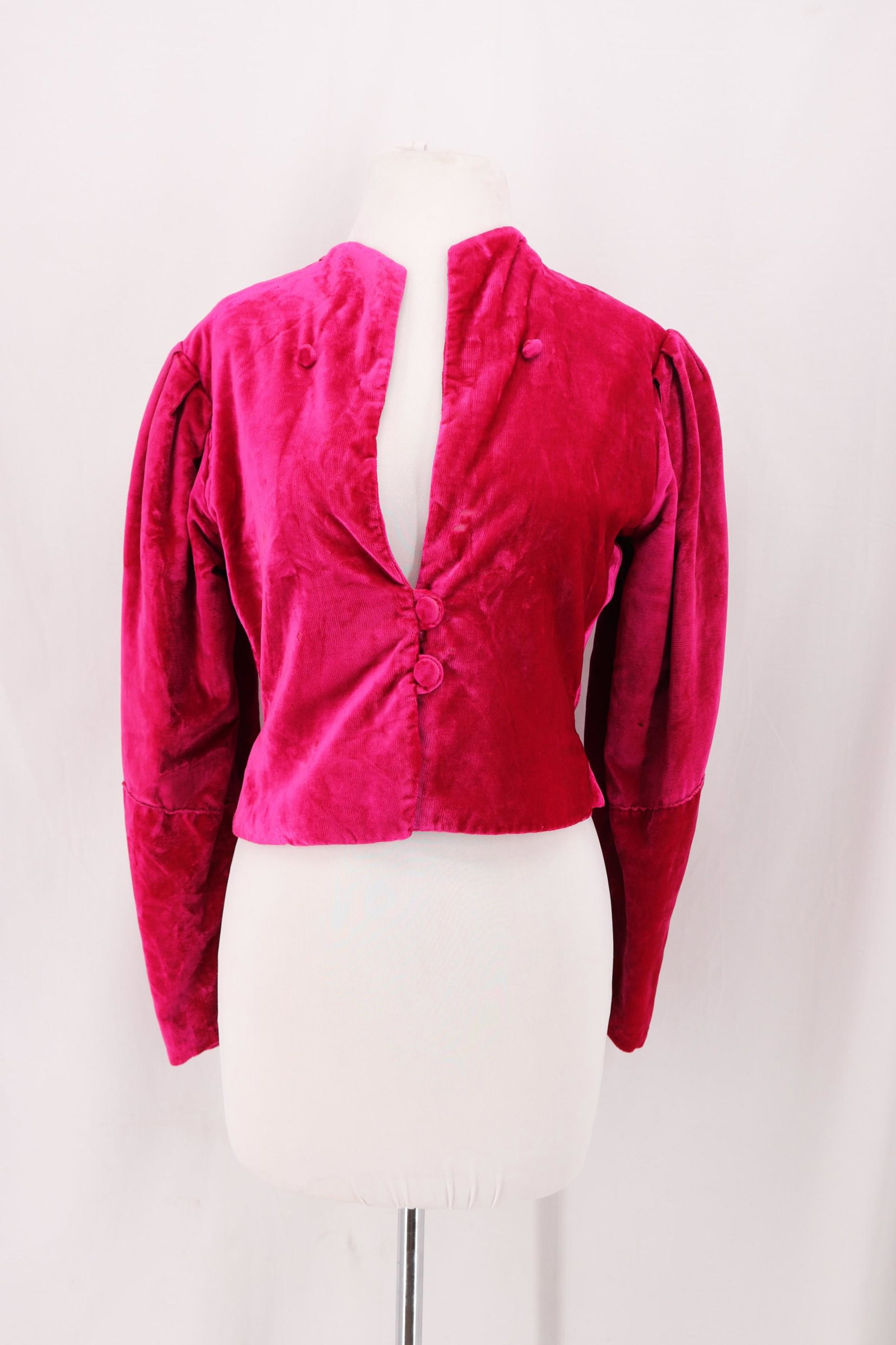 Vintage 1930's Pink Velvet Opera Jacket: long sleeves with pleated shoulders, button front, see photo's for some damage, lining good with some underarm stains, approx. 36 bust