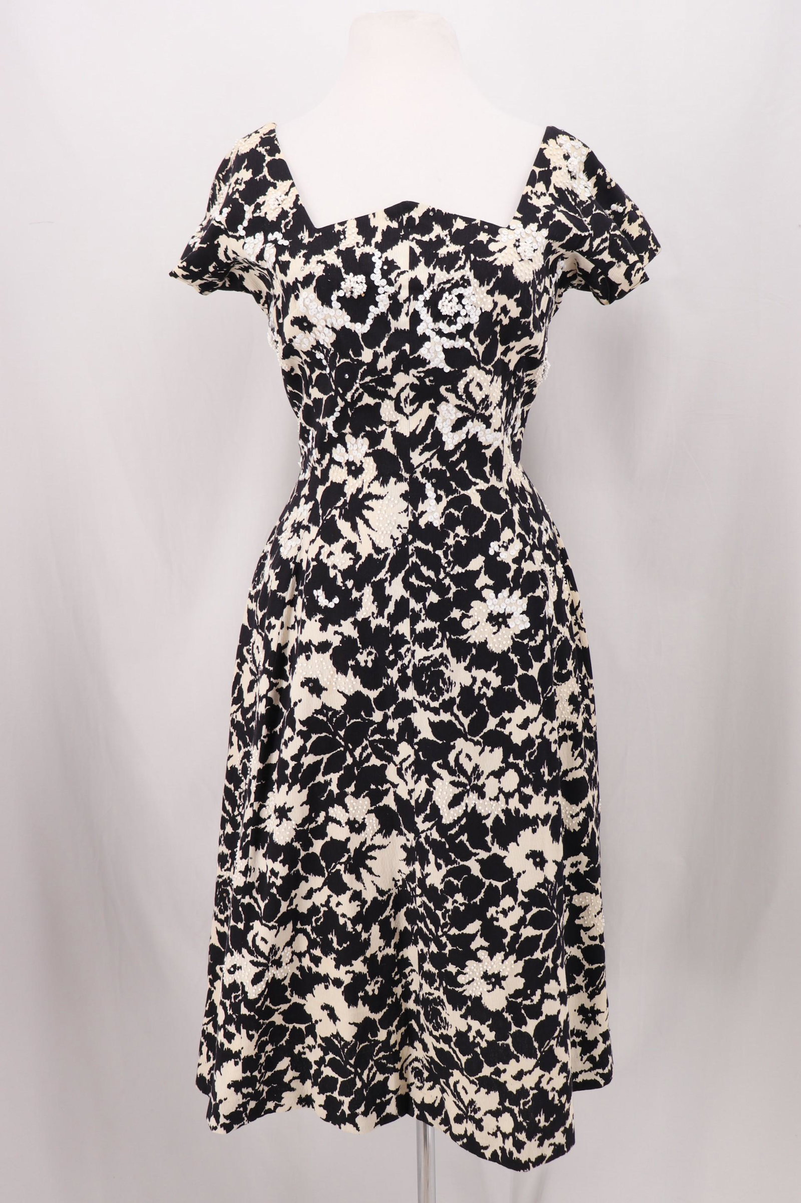 Vintage 1950's Herbert Sondheim, Beaded Cocktail Dress: cap sleeves, square neck, fitted waist and flared skirt, with beading sequin & rhinestones through out, approx. 36 bust, 27 waist