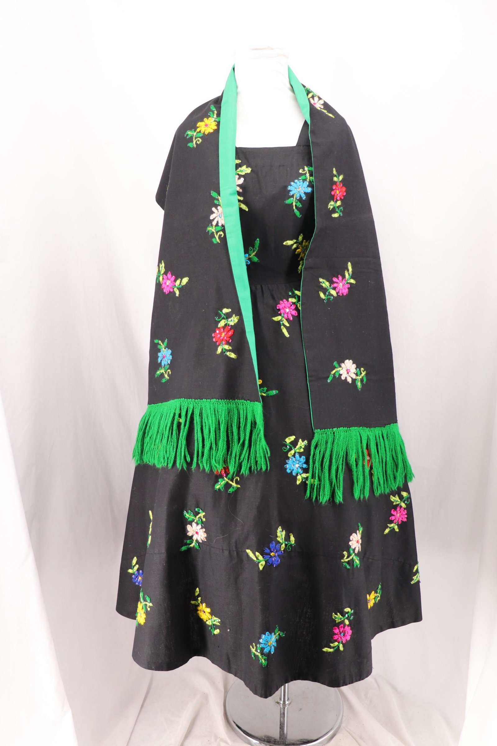 Vintage 1950's Flower Embroidered Cocktail/Party Dress: black cotton, with bright colorful embroidered & sequin flowers through out, wrap/shawl has the same embroidery on black with green on there side, approx. 32/34 bust, 26 waist, good condition