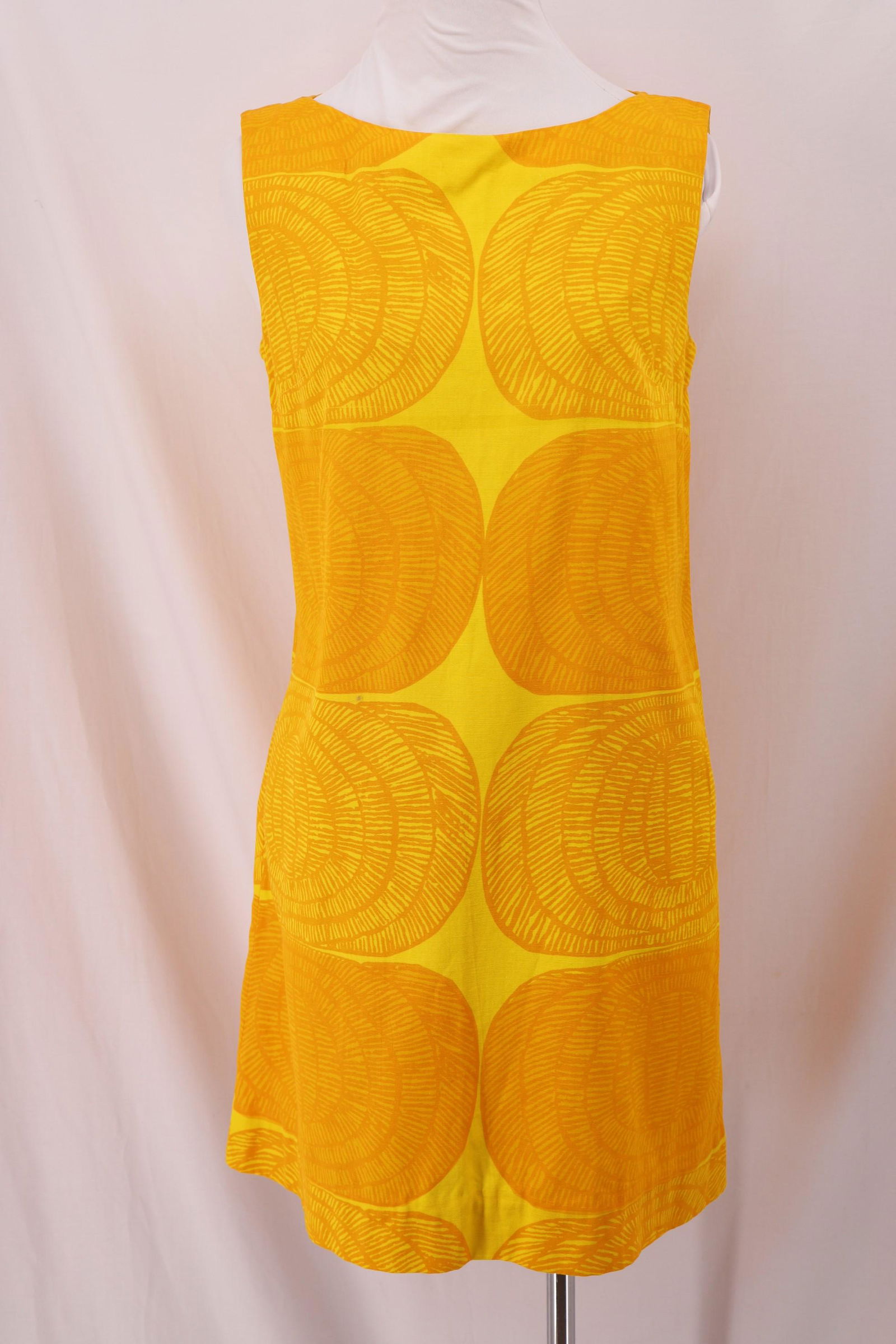 Vintage 1960's Marimekko style Pop Art Print Tunic: no label, sleeveless tunic dress, great yellow and orange pop art print, approx. 36 bust and waist, good condition