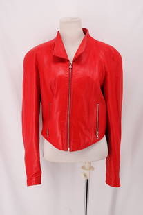 Vintage 1980's Ladies Red Leather Jacket, Michael Hoban: bright red leather long zipper cuff sleeves, zipper front and pockets, approx.40 bust, 33 waist, has 2 small dot size spots and small dot size leather skid