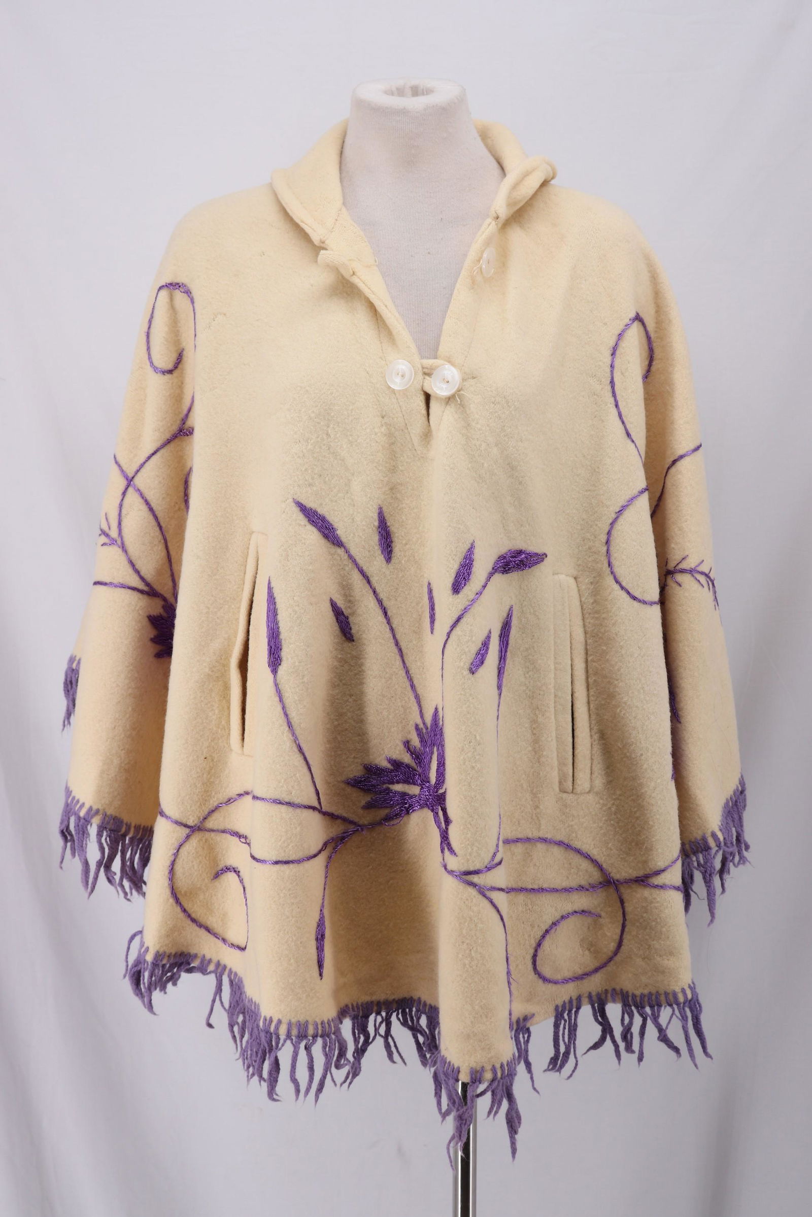 Vintage 1960's White Wool Purple Embroidered Poncho (1 of 10)
