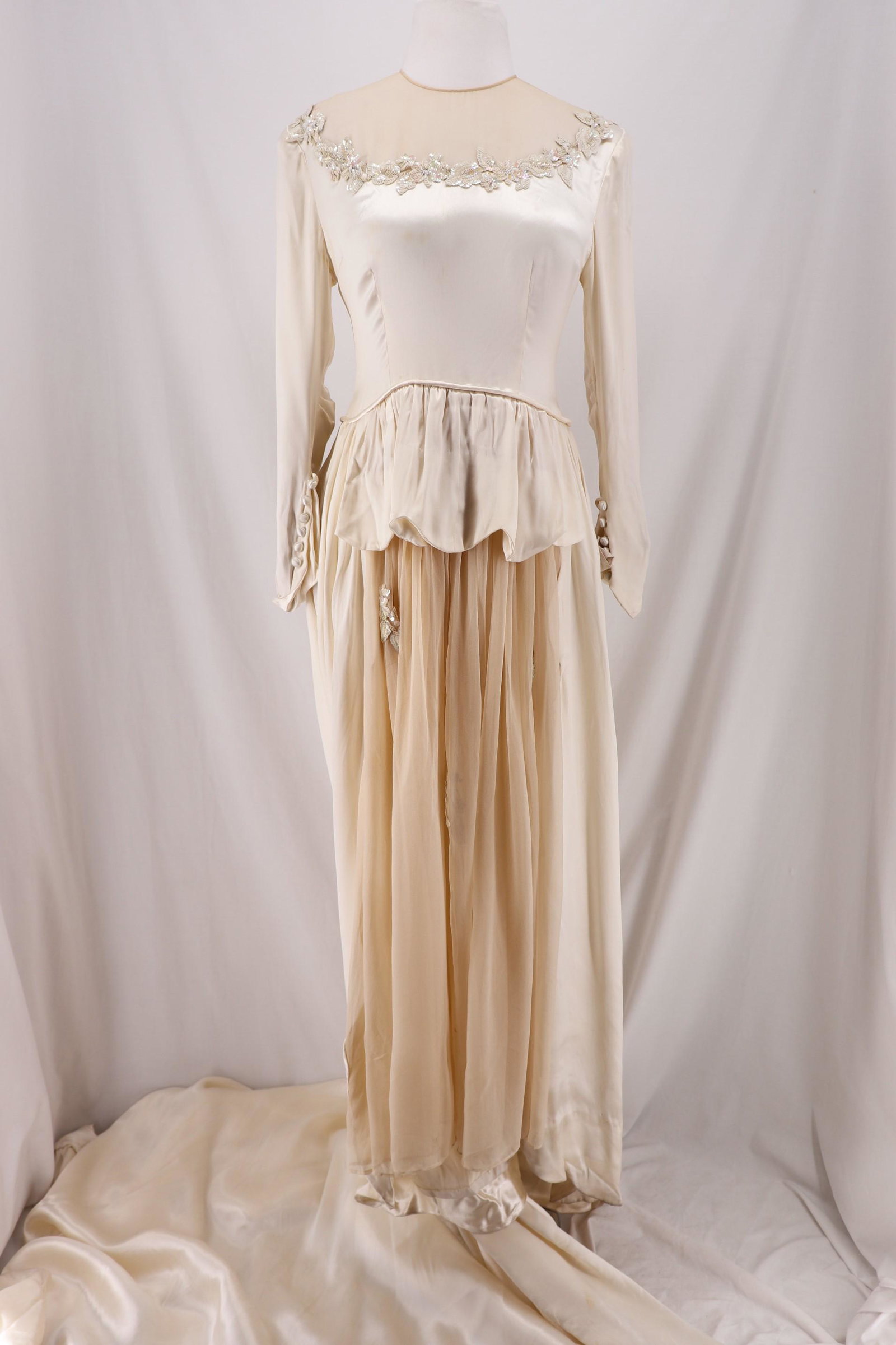 Vintage 1950's Satin, Sequin & Chiffon Wedding Dress: long fabric and loop button cuff sleeves, high sheer chiffon neck, with sequin trim, peplum style skirt, chiffon center with sequin flowers, long satin train, approx. 34 bust, 28 waist, back metal zip