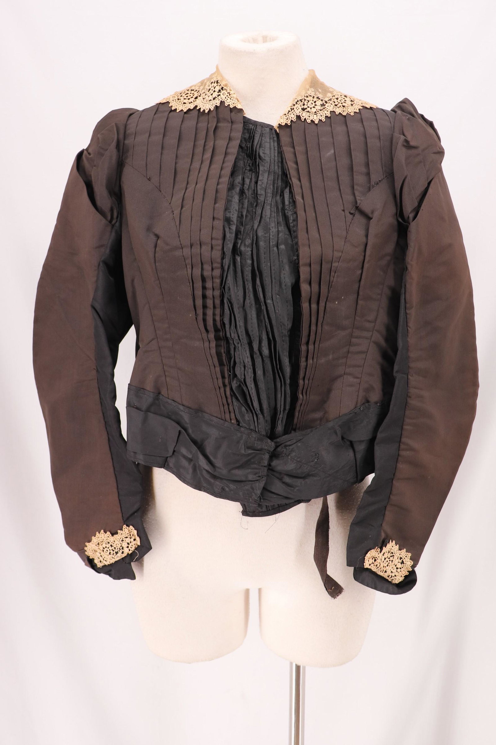 Victorian Bodice with Lace: long sleeve lace cuffs, pleated pouf shoulders, full pleated boned bodice, lace collar, black and brown, approx. 40 bust, 38 waist, black parts may have been added at one time to make it a larger size