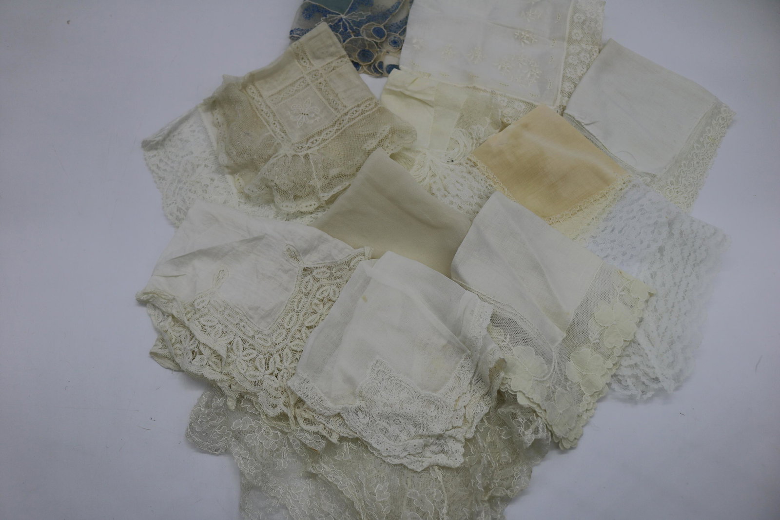 Lot of 12 Vintage Lace Wedding Hankies: some antique, one blue silk