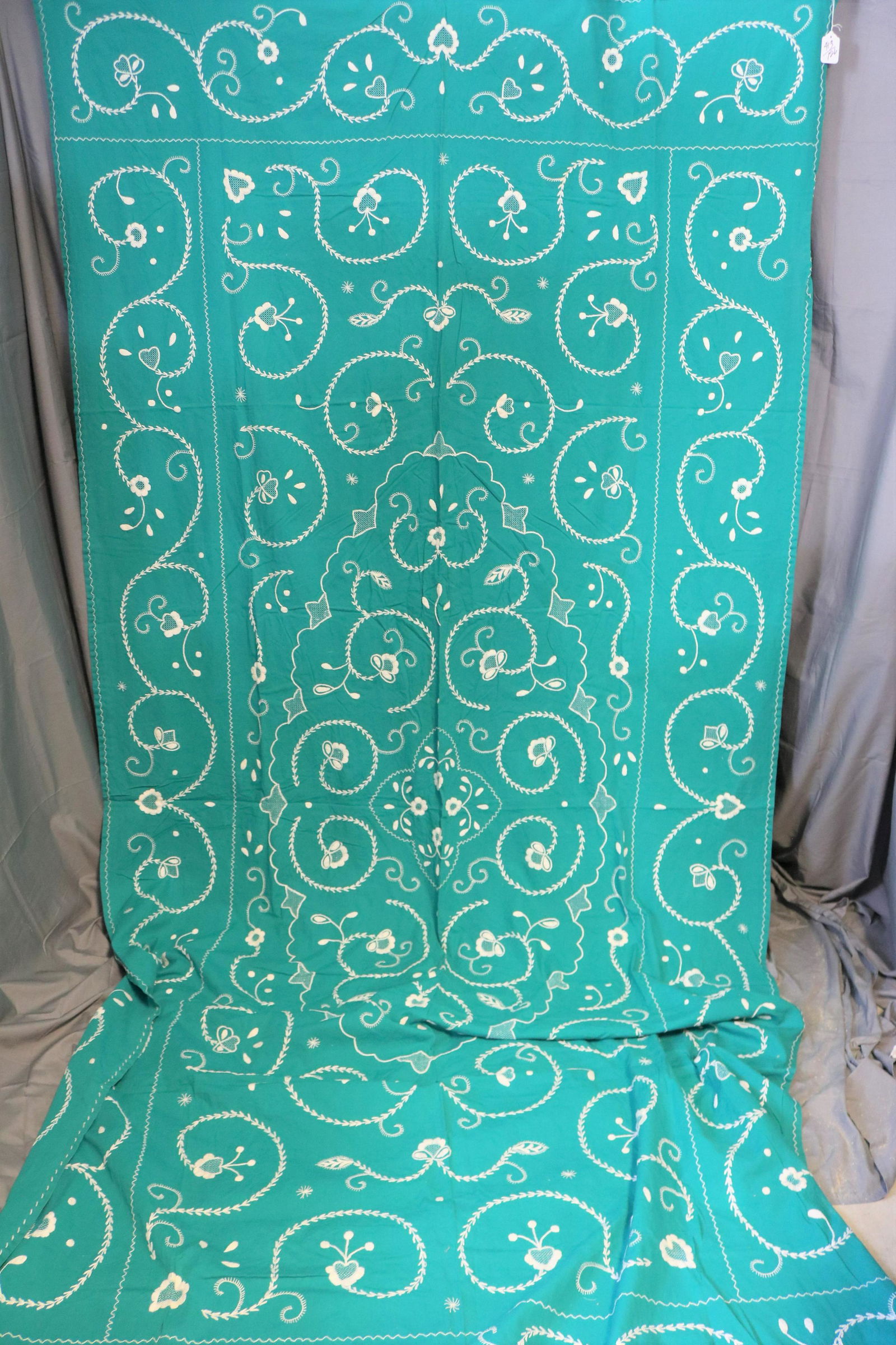 Vintage Teal Green Embroidered Table Cloth, 130 inches (1 of 5)