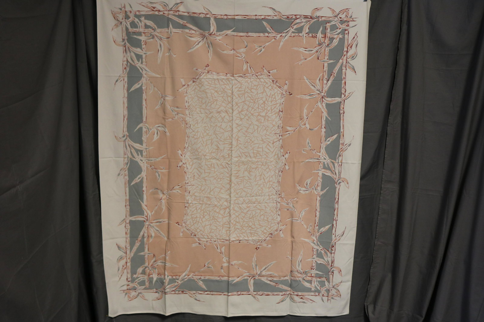 Vintage 1950's Printed Kitchen Table Cloth: peach and gray with bamboo, approx. 62 x 52