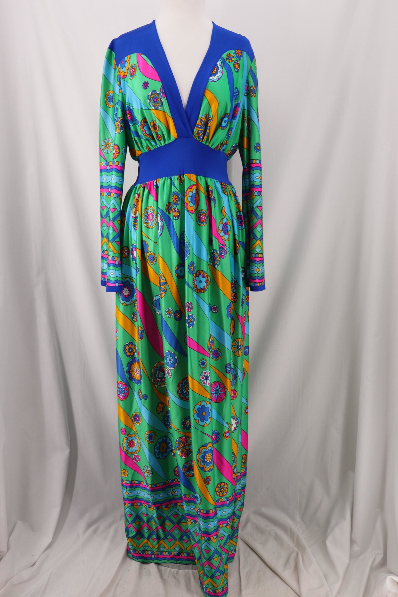 Vintage 1970's Olga Maxi Dress: long sleeves, V-neck, high waist with blue band, Full Flowing Gathered skirt, approx. 34 bust, 32 waist, some stains, see photo's