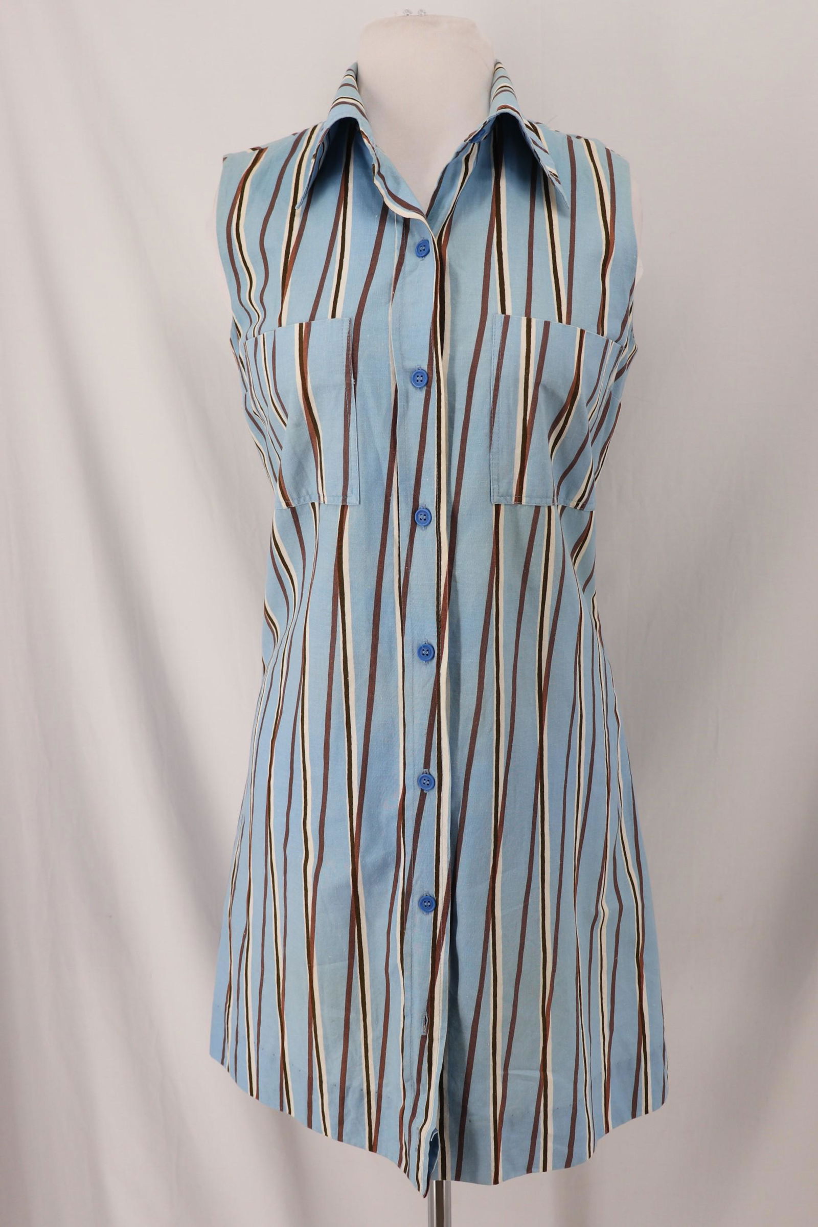 Vintage 1974 Marimekko Shirt Dress: sleeveless, 100% cotton, traditional collar, button front, upper chest pockets, Approx. 36" Bust, 34" Waist some soil at collar, hem has been taken up, see photos