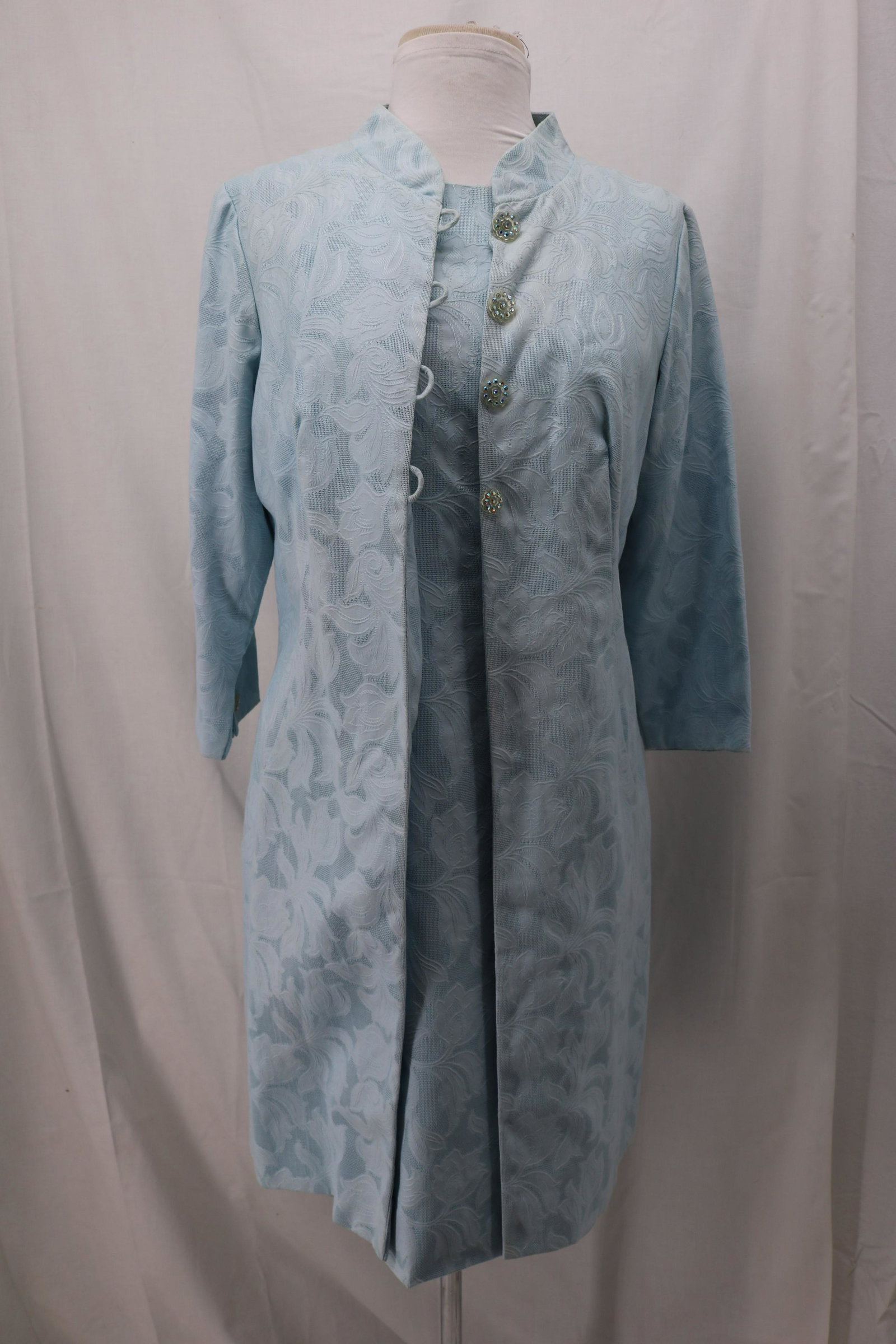 Vintage 1960's 2 Piece Dress & Coat Set Blue Cotton: blue on blue print, shift style dress sleeveless, bateau neck with square back and metal zipper, slight under arm fade on dress, approx. 36 bust, 32 waist, coat is 3/4 sleeves, fully lined, Madeiran c