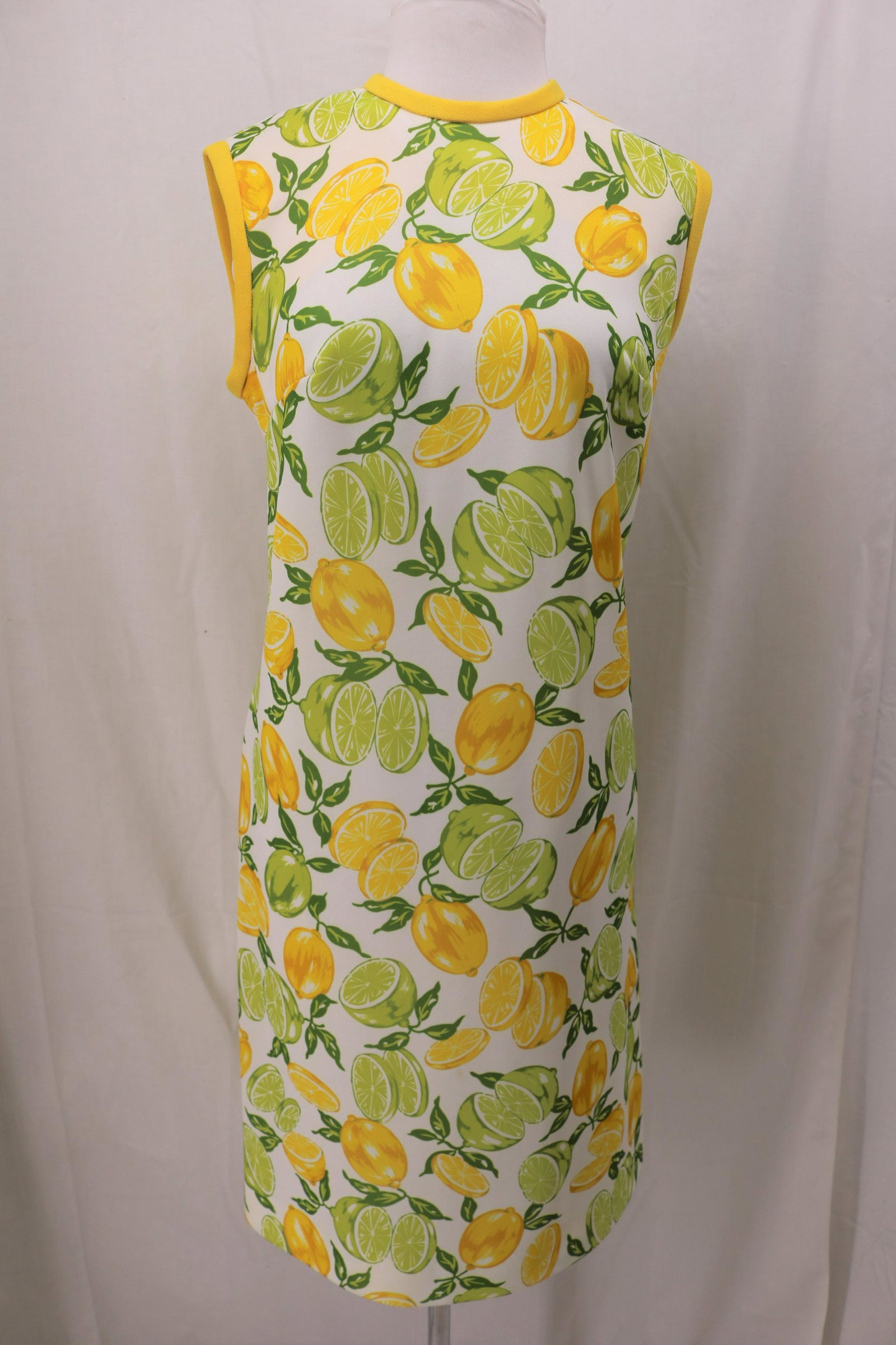 Vintage 1960's Lemon & Lime Shift Dress: sleeveless, round neck, lemon lime print nylon blend, back metal zipper, approx. 38 bust, 36 waist, good condition