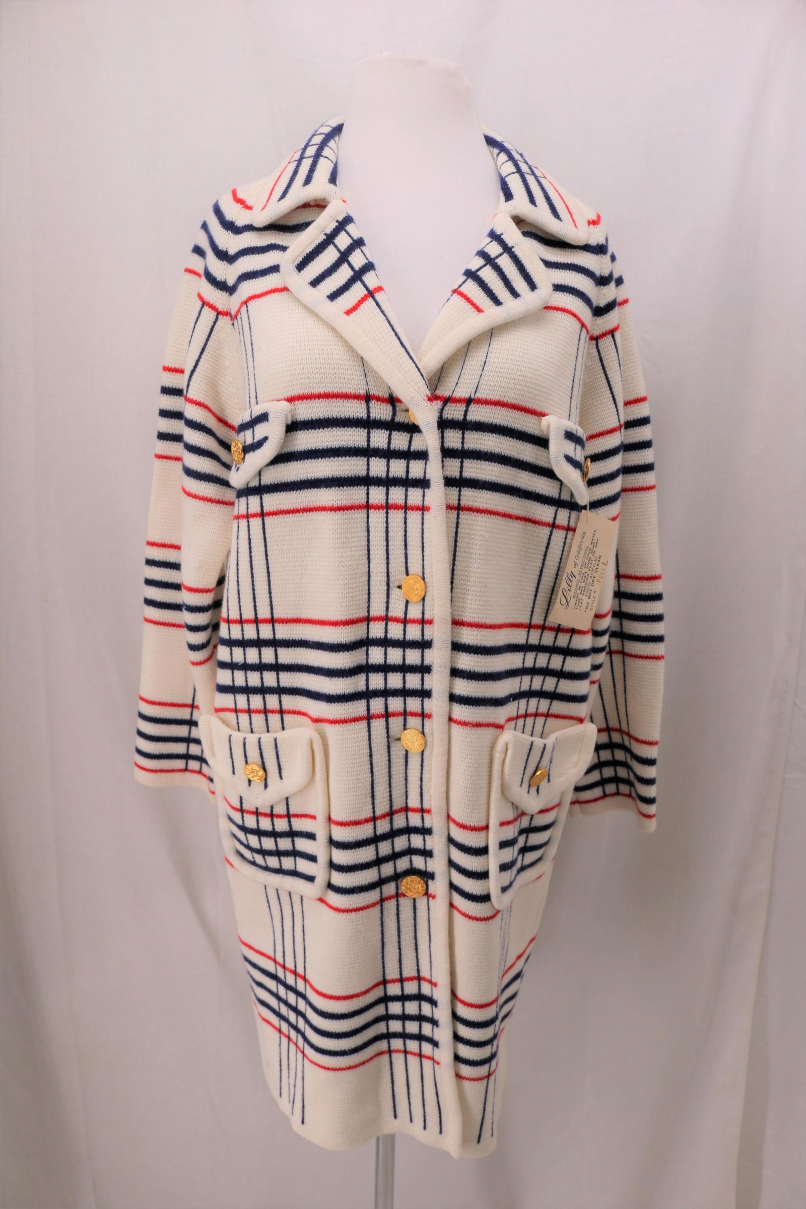 Vintage Lilly of CA, Knit Ladies Coat, Old Stock: long sleeves with button detail, convertible collar, upper faux pocket, two lower applied pocket with faux flap, original store tag, approx. 40 bust, 38 waist, good condition