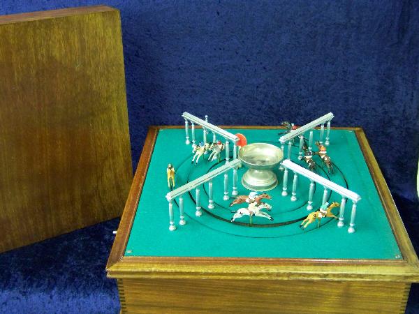 "Petits Chevaux" horse race from France: "Petits Chevaux" Tabletop horse race game, wooden case circa 1940. 16" H by 20"W