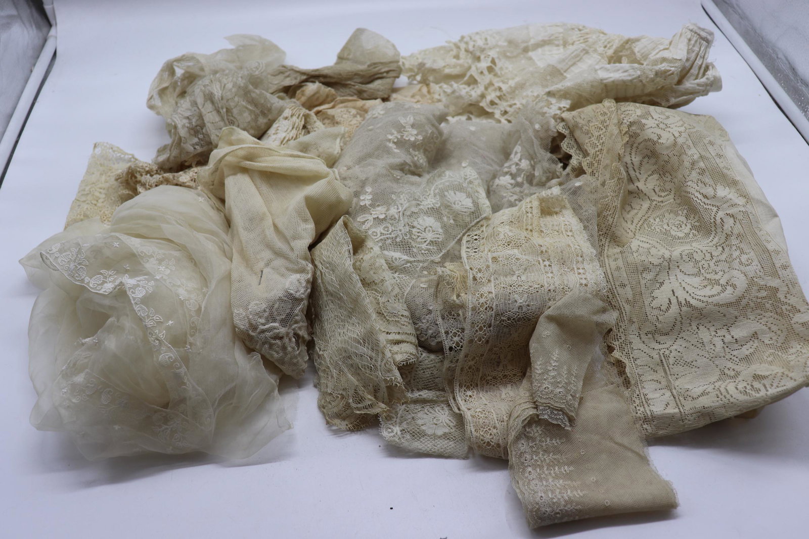 Lot of 18 Antique Lace Fragments and Trim: various styles, sizes, and colors, see photos.