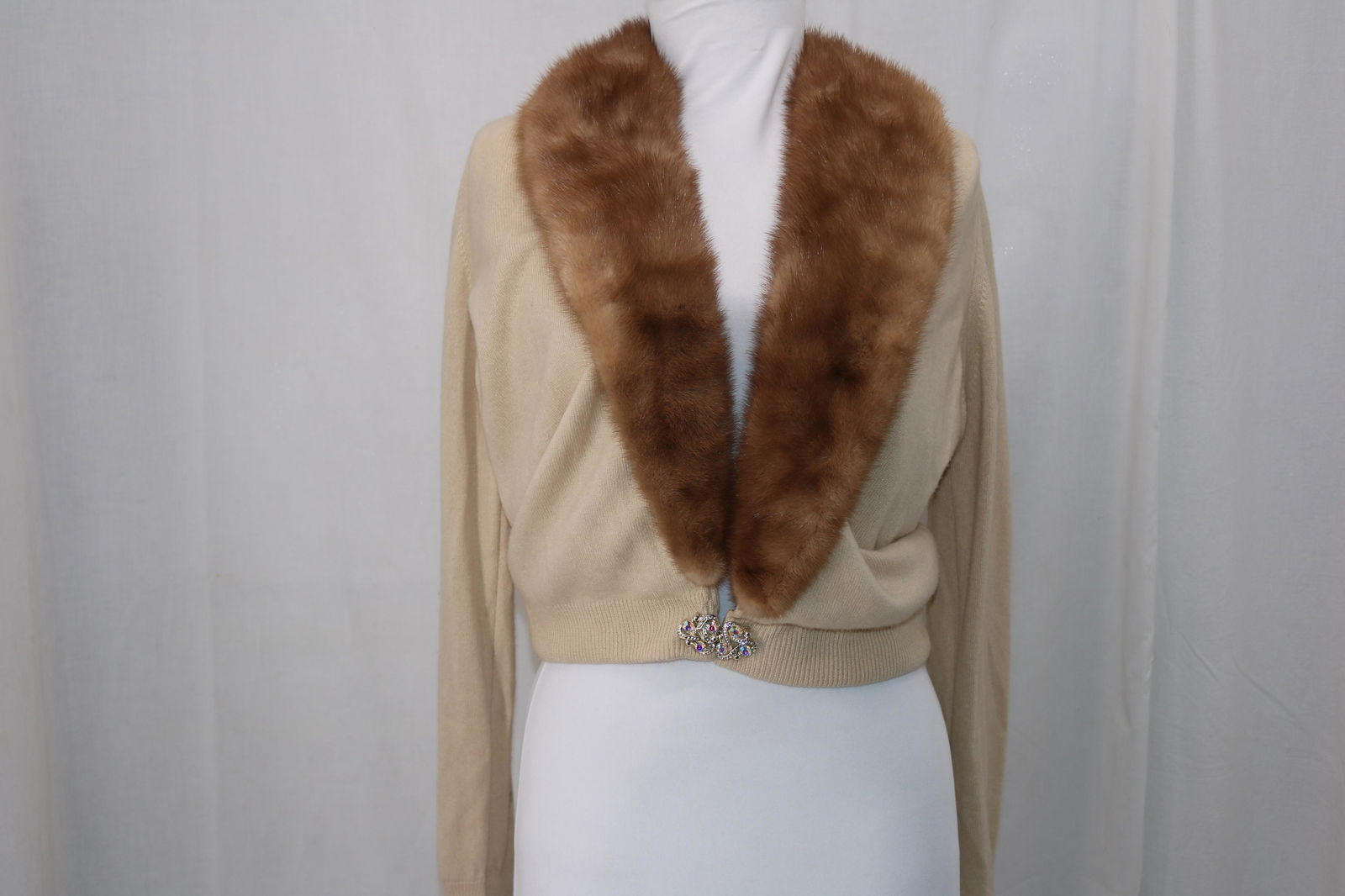 Vintage 1950's Ladies Bernhard Altmann Cashmere: 100% cashmere, detachable mink collar with snaps, mesh and lace lining, hook and eye front closure, rhinestone button clasp detail, Approx. 44" Bust, see photos for stains.