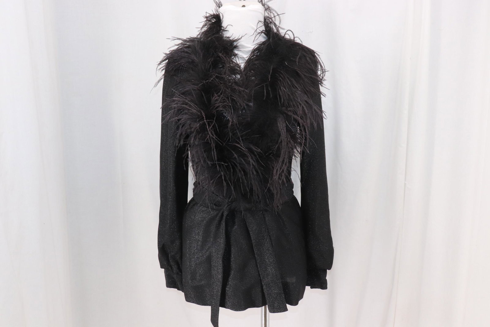 Vintage Chuck Jones Marabou Feather Trim Jacket: long sleeves with snap cuffs, clutch front with tie waist, black with silver sparkle lurex, Approx. 36" Bust, 28" Waist,