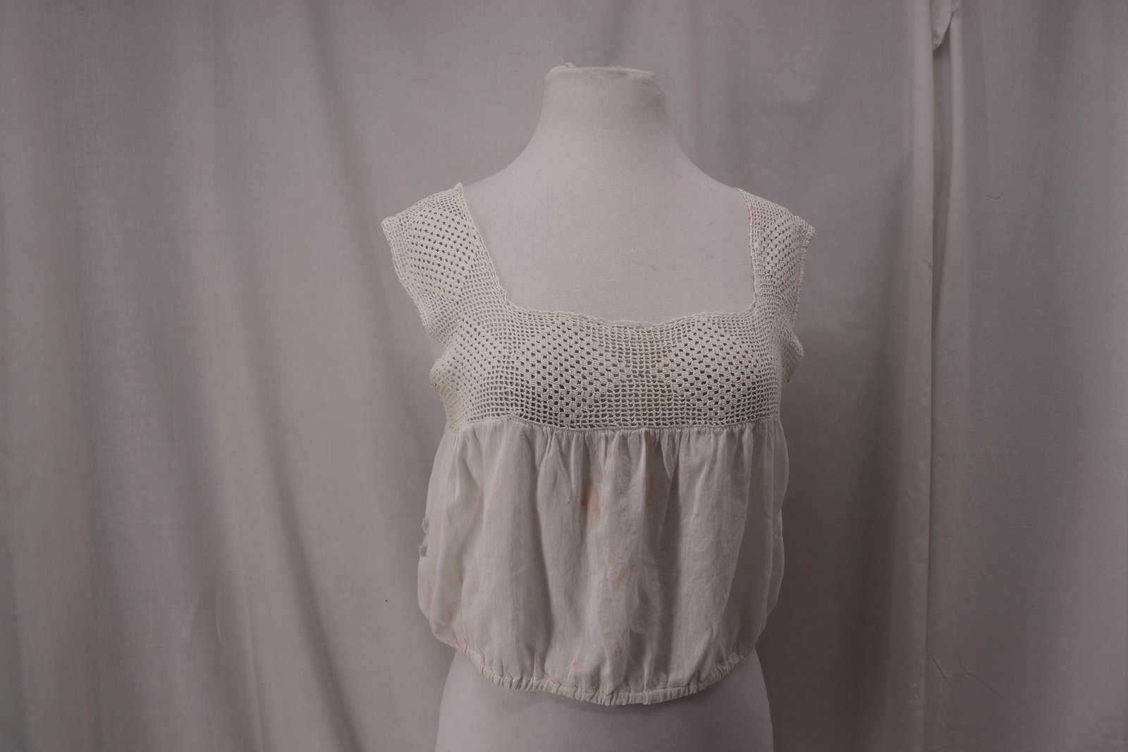 Antique Victorian Corset Cover: crochet top, cotton bottom, elastic has been added at waist, Approx. 38" Bust, 34" Waist, see photos for stains.