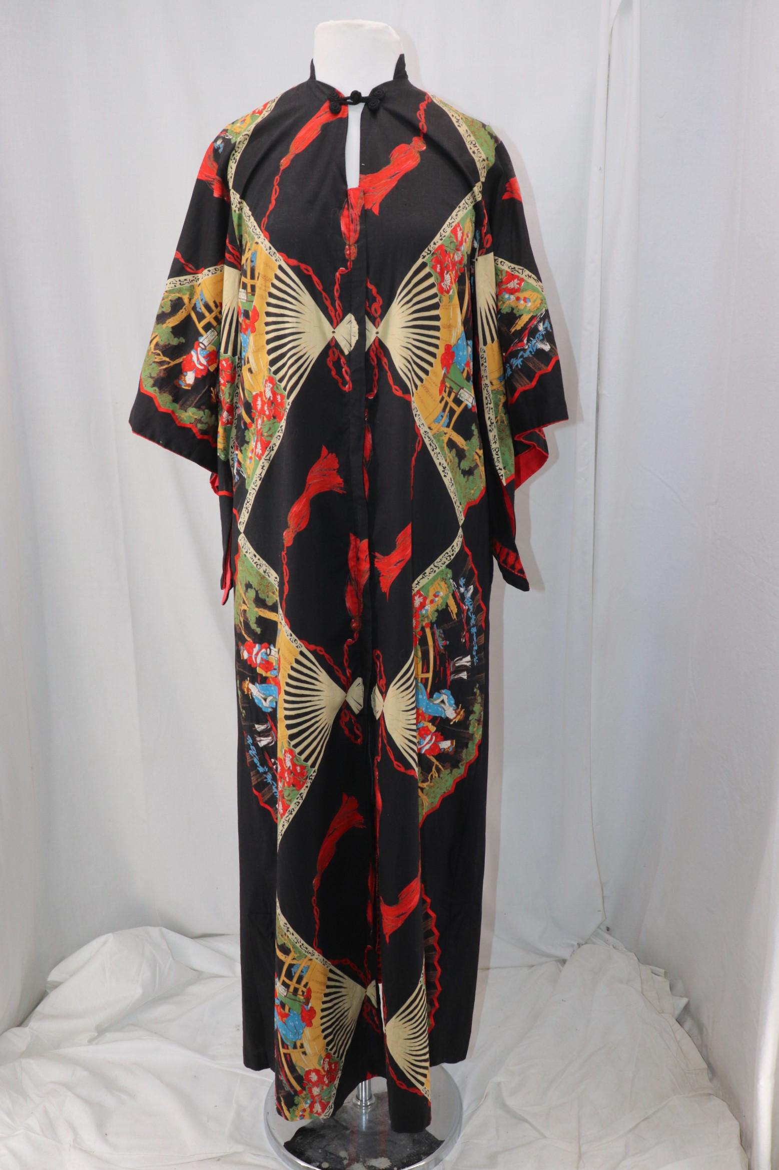 Vintage 1950's Linda of California Japanese Style: wide elbow length kimono sleeves with slits, mandarin collar, metal zipper front closure, frog closure at collar, black cotton blend with Japanese fan design with scenes of women on a bridge, slit poc