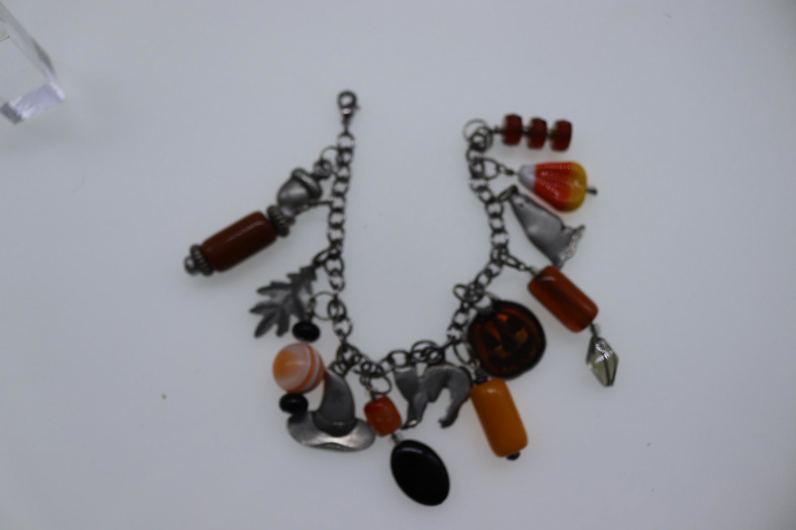 Vintage Danforth Pewter Halloween Charm Bracelet: Beaded and Pewter Charms, Approx. 8", see photos.