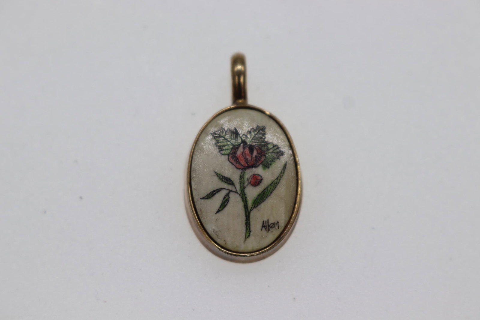 Vintage Artist Hand-Painted Bone Pendant: Signed "Allen", gold tone frame, hand-painted flower on bone, approx. 1", see photos.