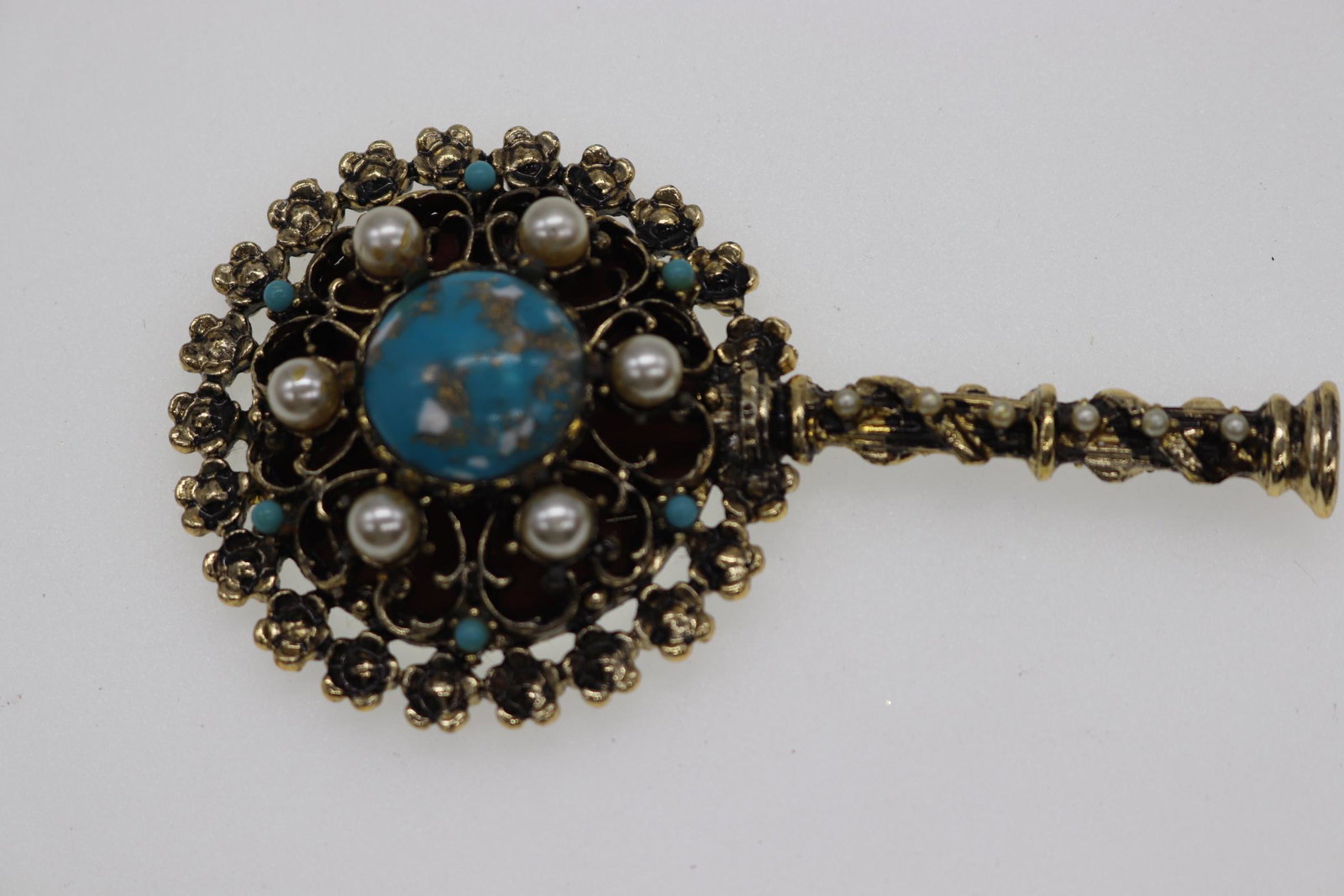 Vintage Gold-Tone Filigree Hand Mirror With Art-Glass &: Approx. 4", see photos.