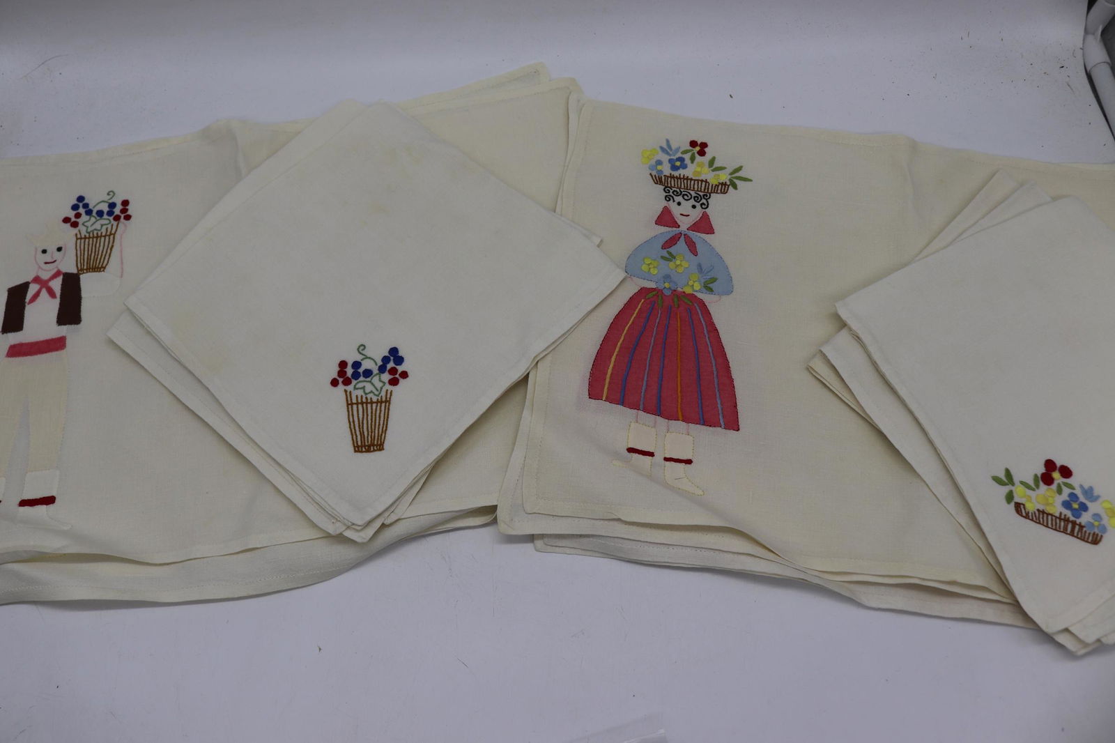 Lot of 2 Vintage Placemat & Napkin Sets: embroidered & applique, Man set has 4 placemats & 4 Napkins, Lady set has 4 Placemats & 3 Napkins, see photos.