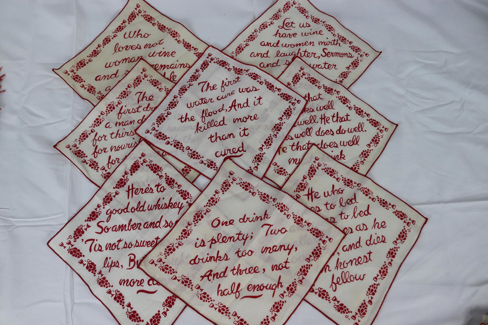 Set of 8 Vintage Cocktail Napkins With Sayings: some stained, see photos.