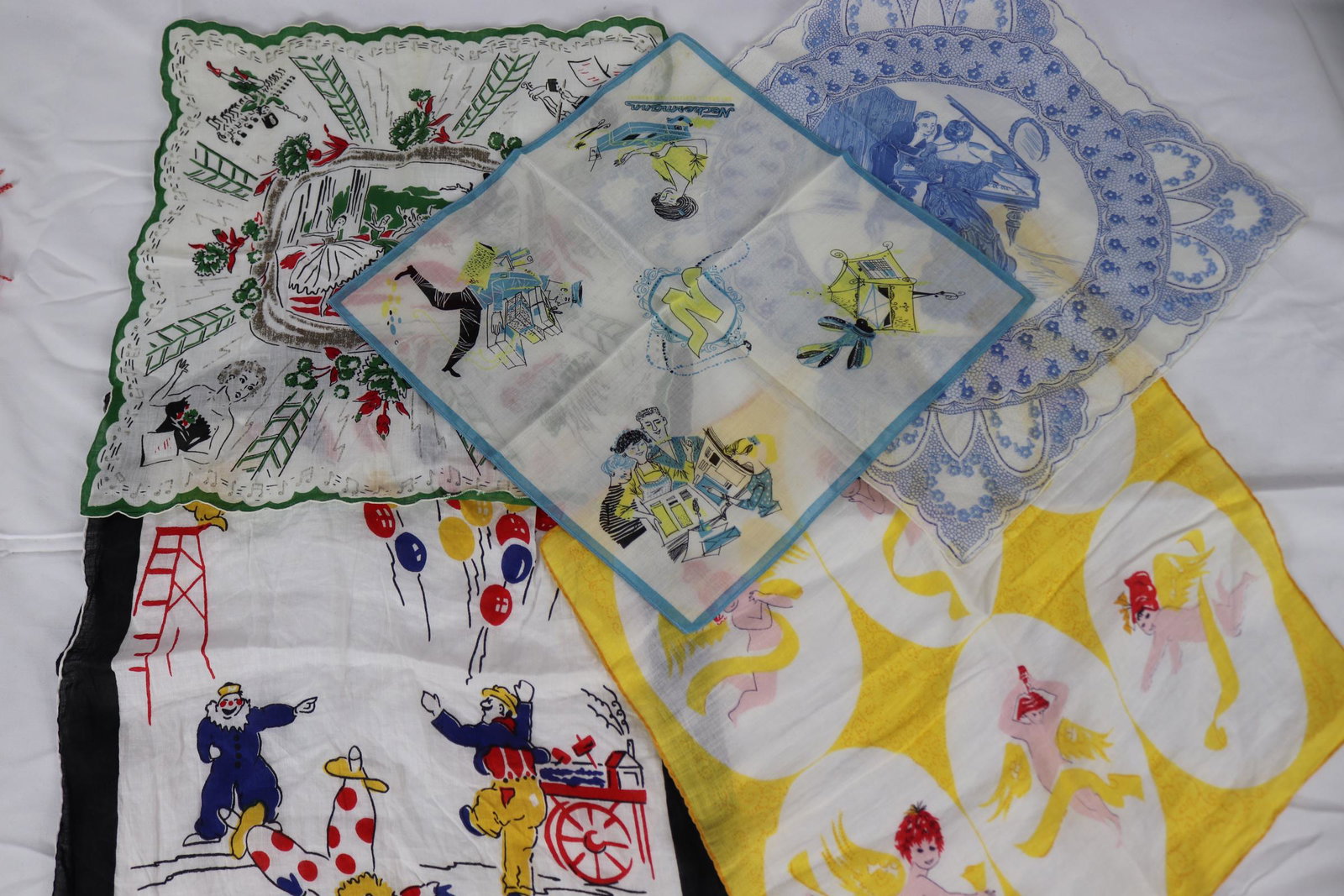 Lot of 5 Vintage Novelty Handkerchiefs: some signed, Virginia Zito, Neckermann, see photos.