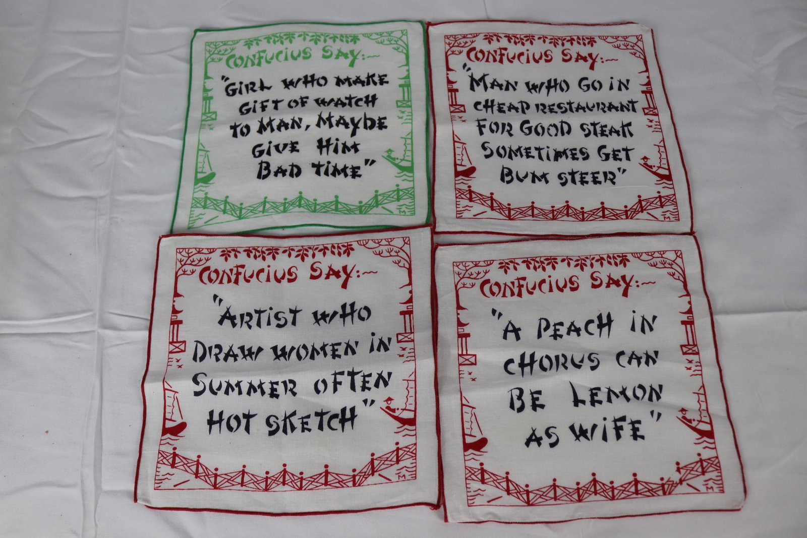 Vintage Lot of 4 Novelty Cocktail Napkins With Sayings: Confucius says…, see photos.
