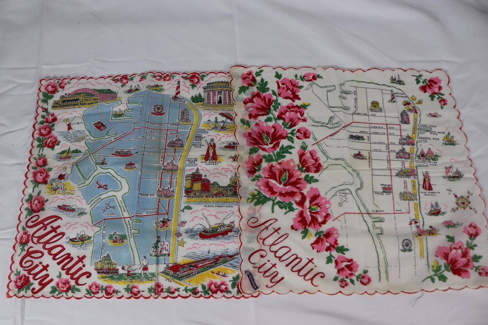 Lot of 2 Vintage Atlantic City Souvenir Handkerchiefs: old store stock, see photos.