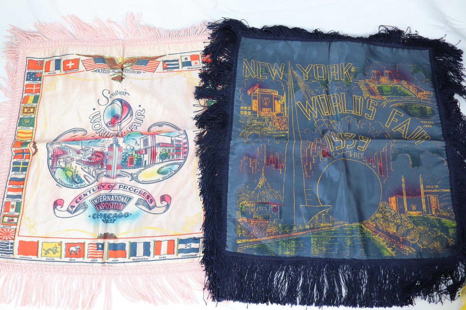 Lot of 2 Worlds Fair Souvenir Pillow Covers: 1933 Chicago, 1939 New York City, see photos.