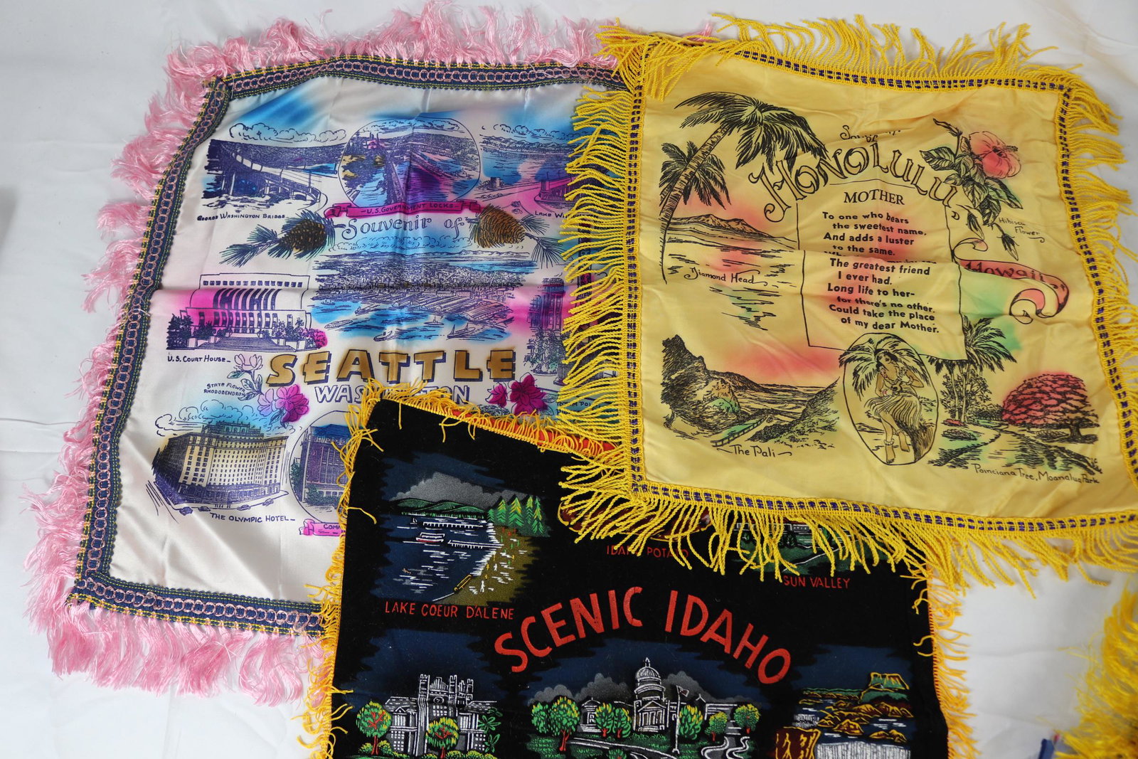 Lot of 3 Vintage Souvenir Pillow Covers: Idaho, Honolulu, Seattle, see photos.