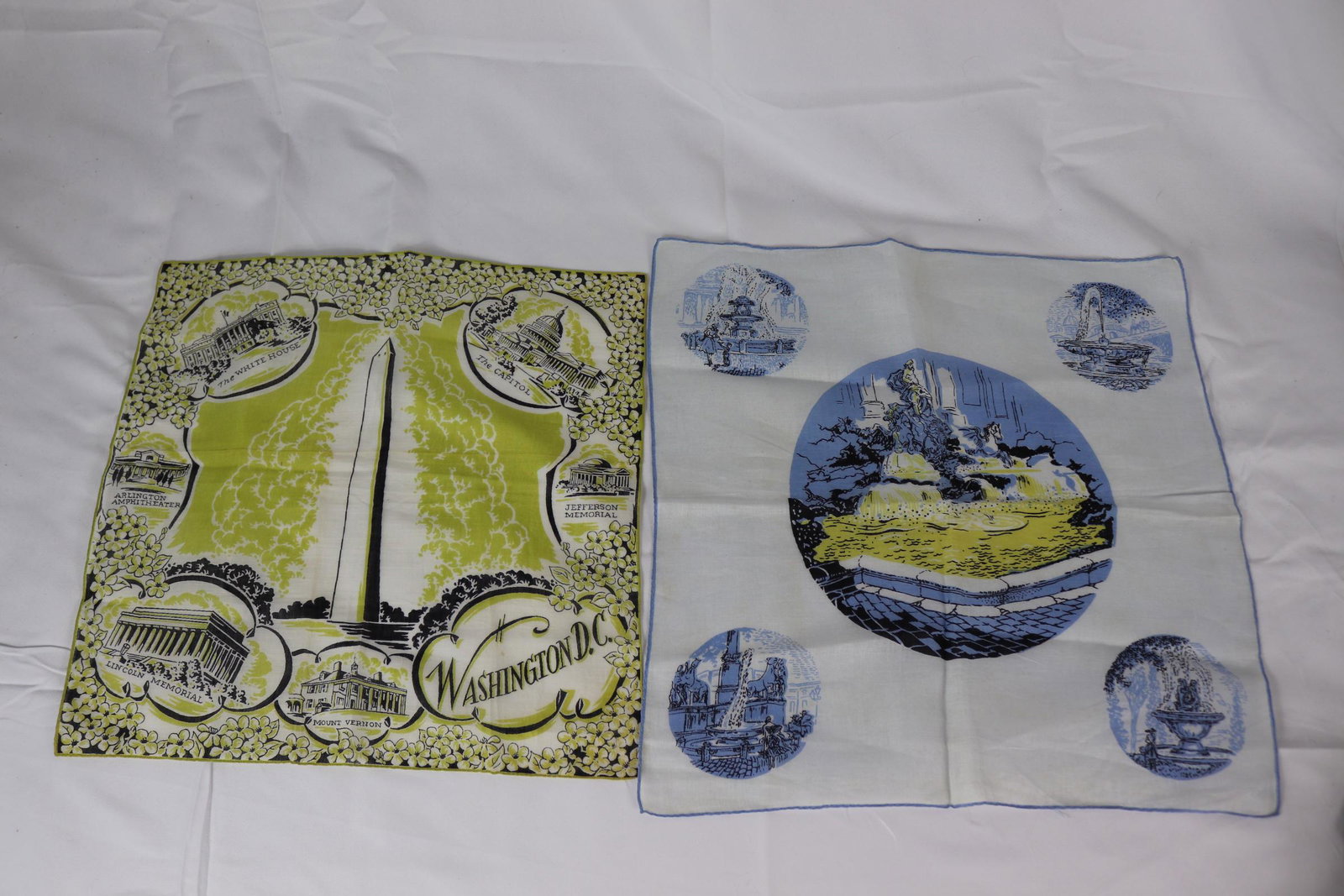 Lot of 2 Vintage Handkerchiefs: Washington D.C., & Fountain, old store stock, see photos.