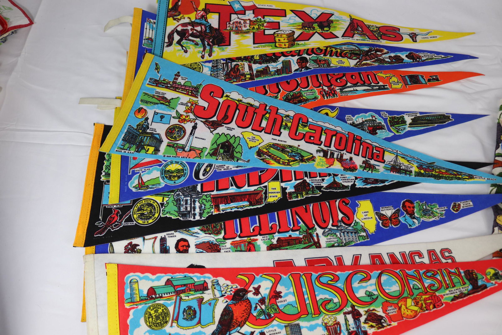 Lot of 9 Vintage State Souvenir Pennants: Ohio, Michigan, Oklahoma, Texas, South Carolina, Wisconsin, Arkansas, Indiana, Illinois