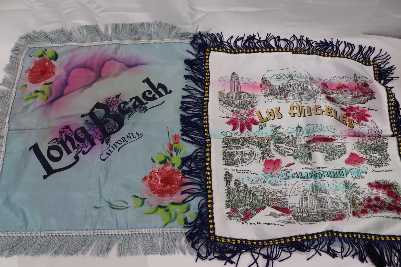 Lot of 2 Vintage California Souvenir Pillow Covers: Long Beach, Los Angeles, see photos.