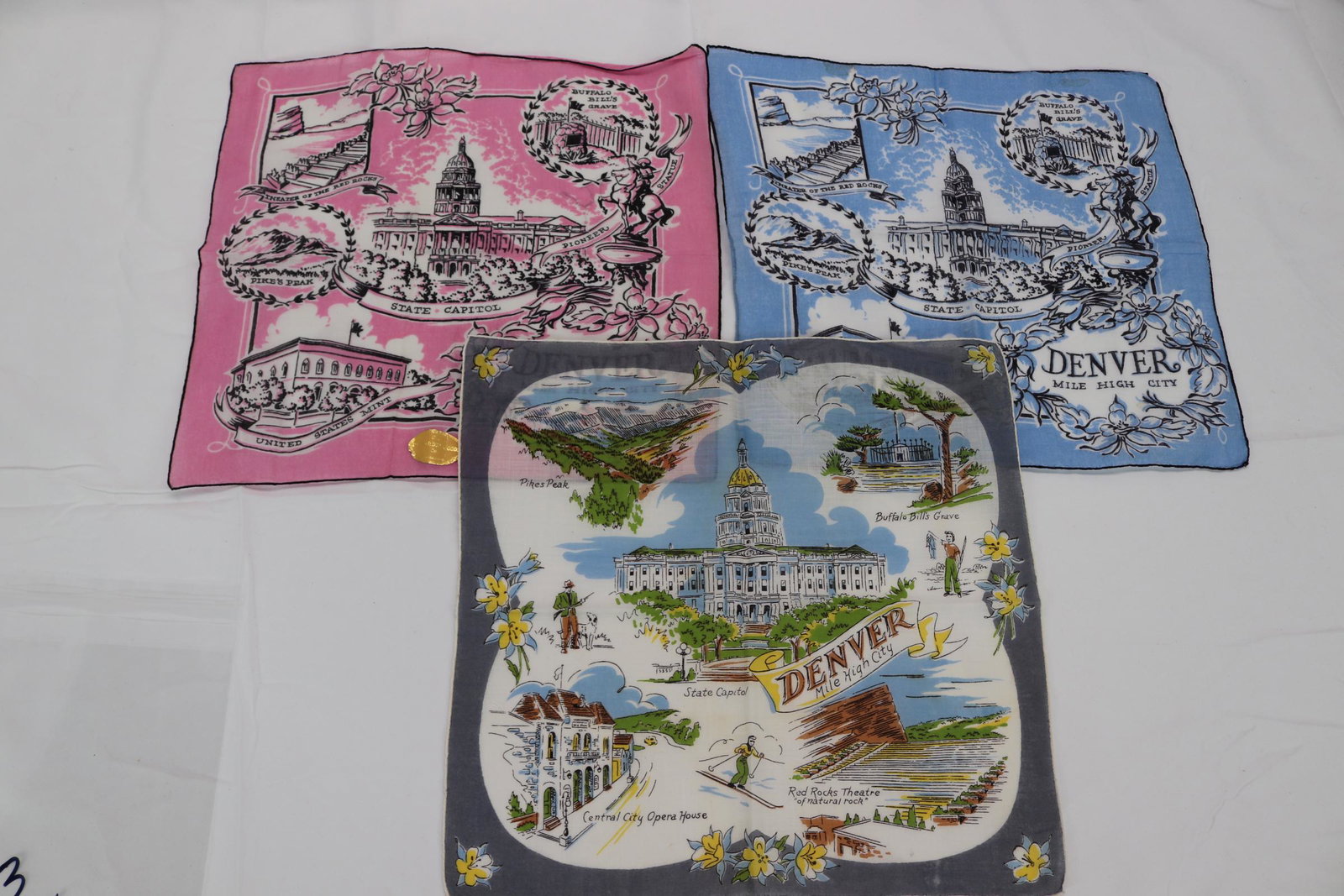 Lot of 3 Vintage Denver Souvenir Handkerchiefs: old store stock, see photos.