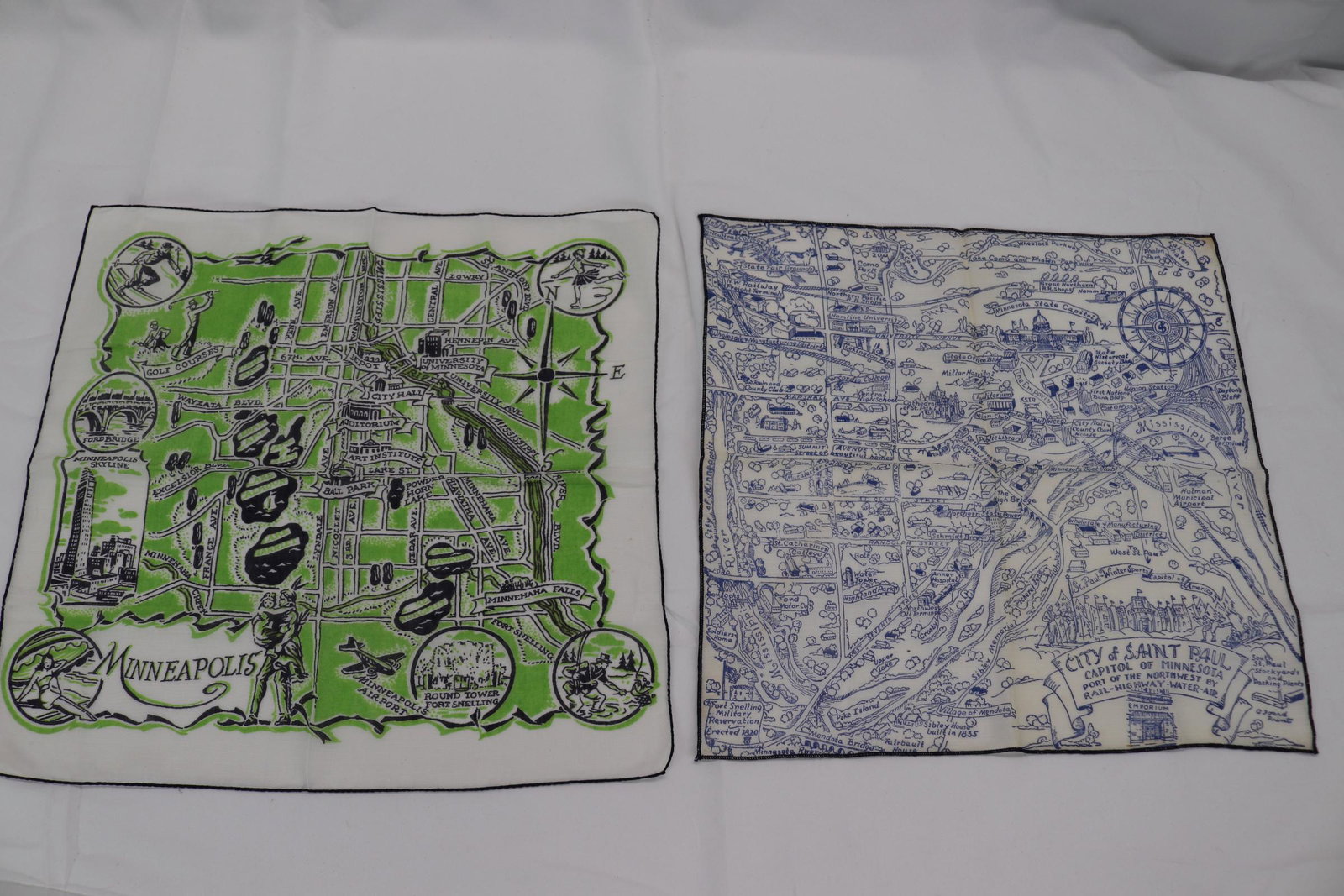 Lot of 2 Vintage Souvenir Minnesota Handkerchiefs: St. Paul, Minneapolis, old store stock, see photos.