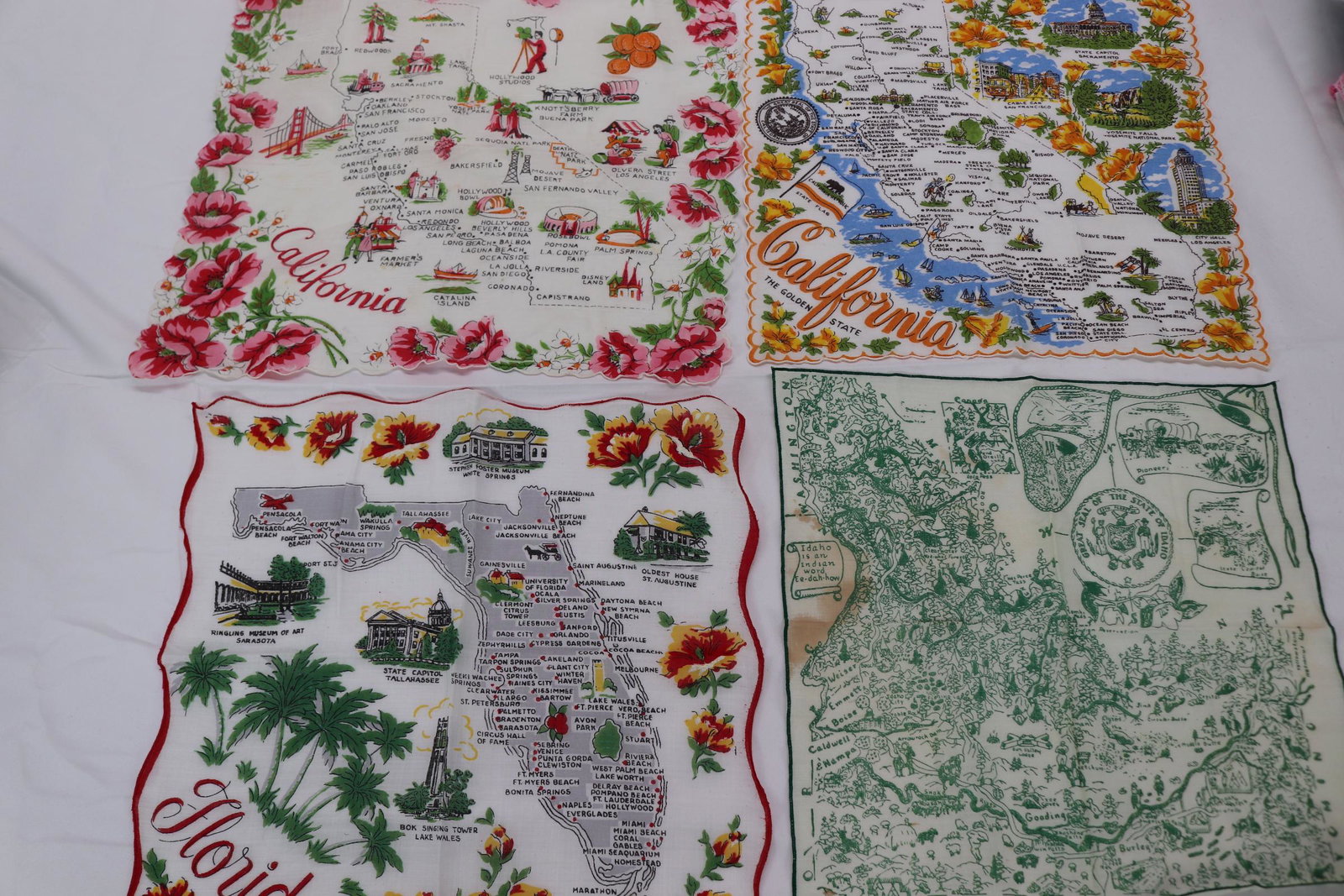 Lot of 4 Vintage State Souvenir Handkerchiefs: 2 California, Idaho, Florida, see photos.