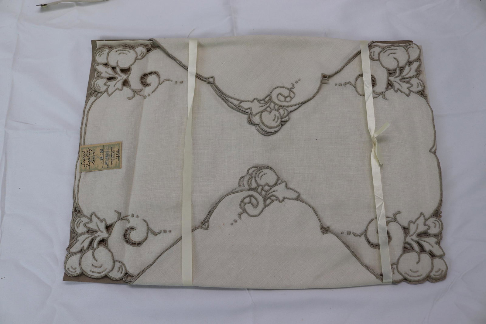 Vintage Old Store Stock Tablecloth: Leacock Quality Linen, hand embroidered, see photos.