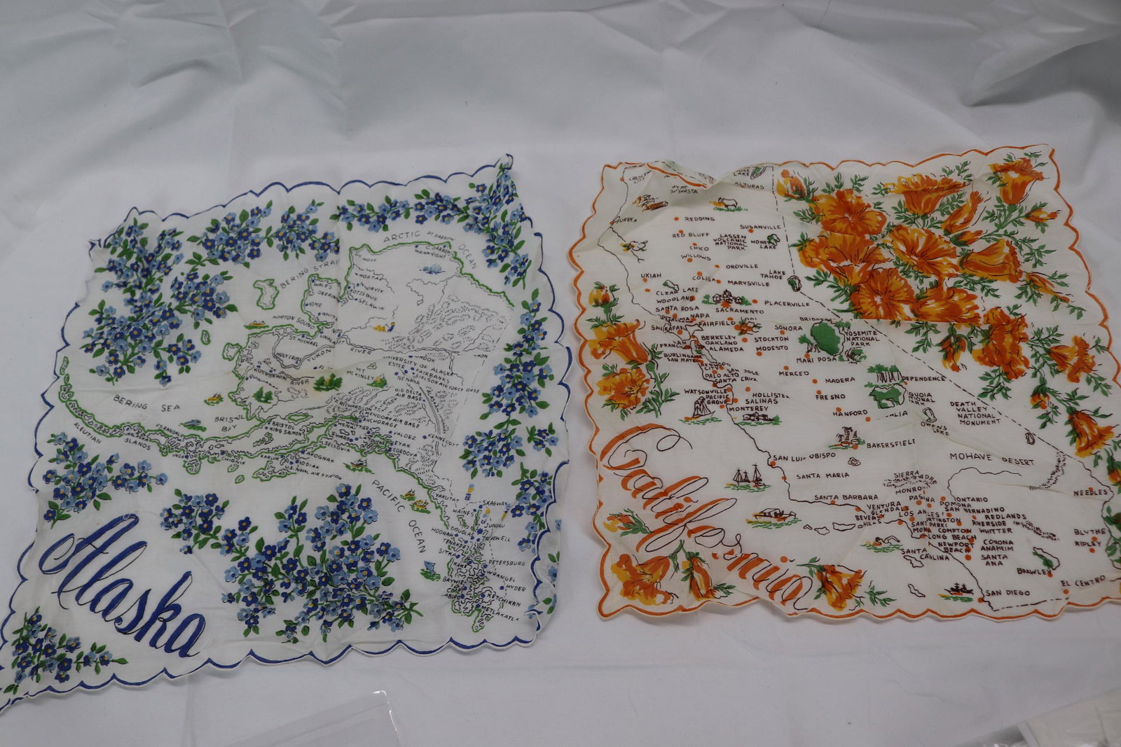 Lot of 2 Vintage State Souvenir Handkerchiefs: Alaska & California, see photos.