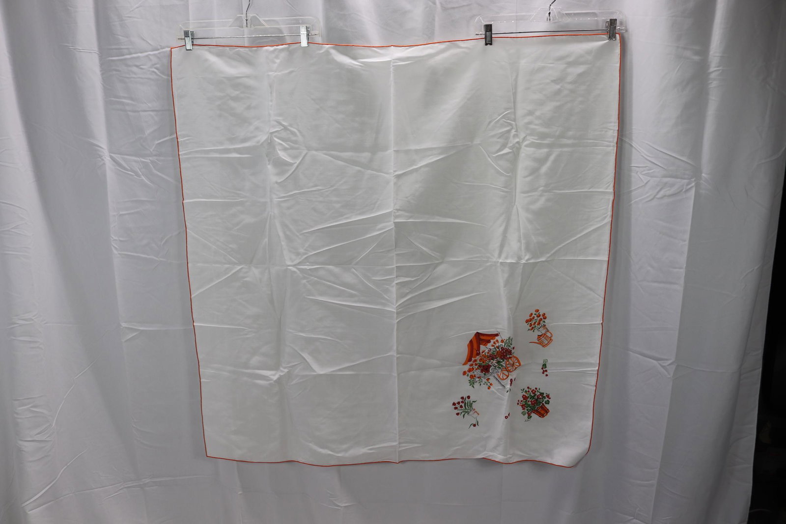 Vintage Flower Stand Print Tablecloth: approx. 44x44, see photos.