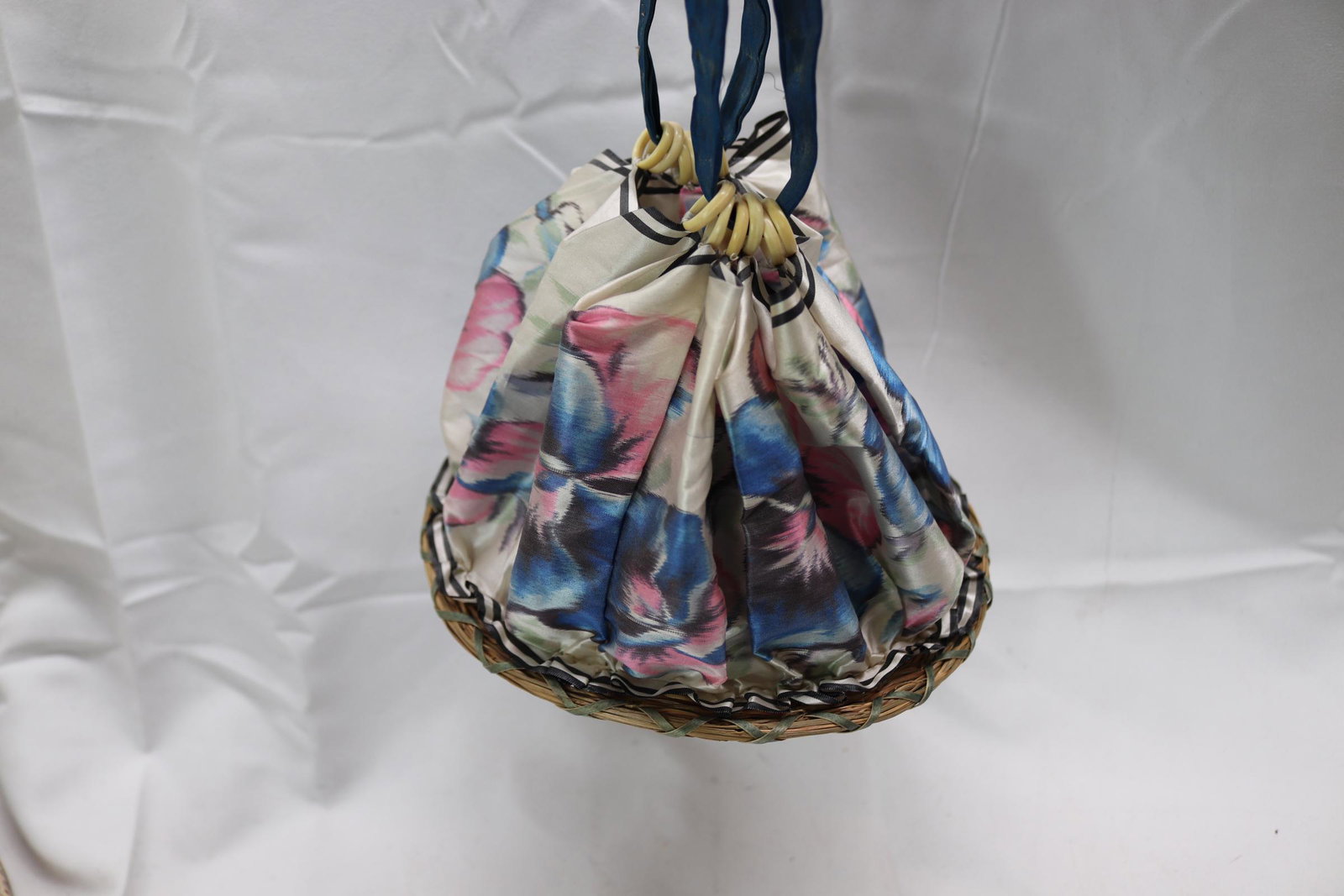 Antique 1800's Silk Ribbon Purse With Bone Rings & Wicker Bottom: good antique condition, see photos.